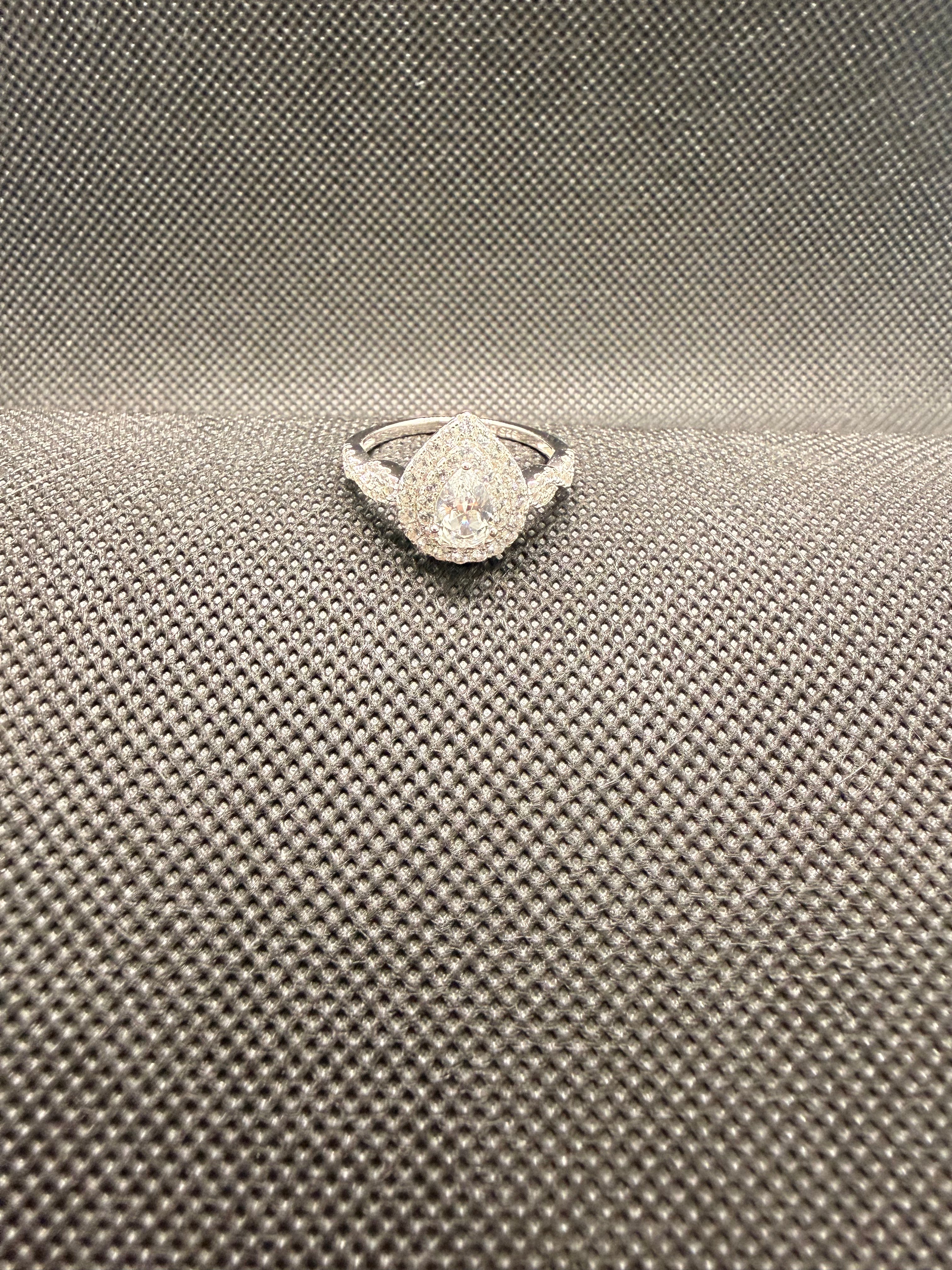 JTV 1.53CTW Pear Lab White Sapphire Rhodium Sterling Silver Halo Ring Sz 8
