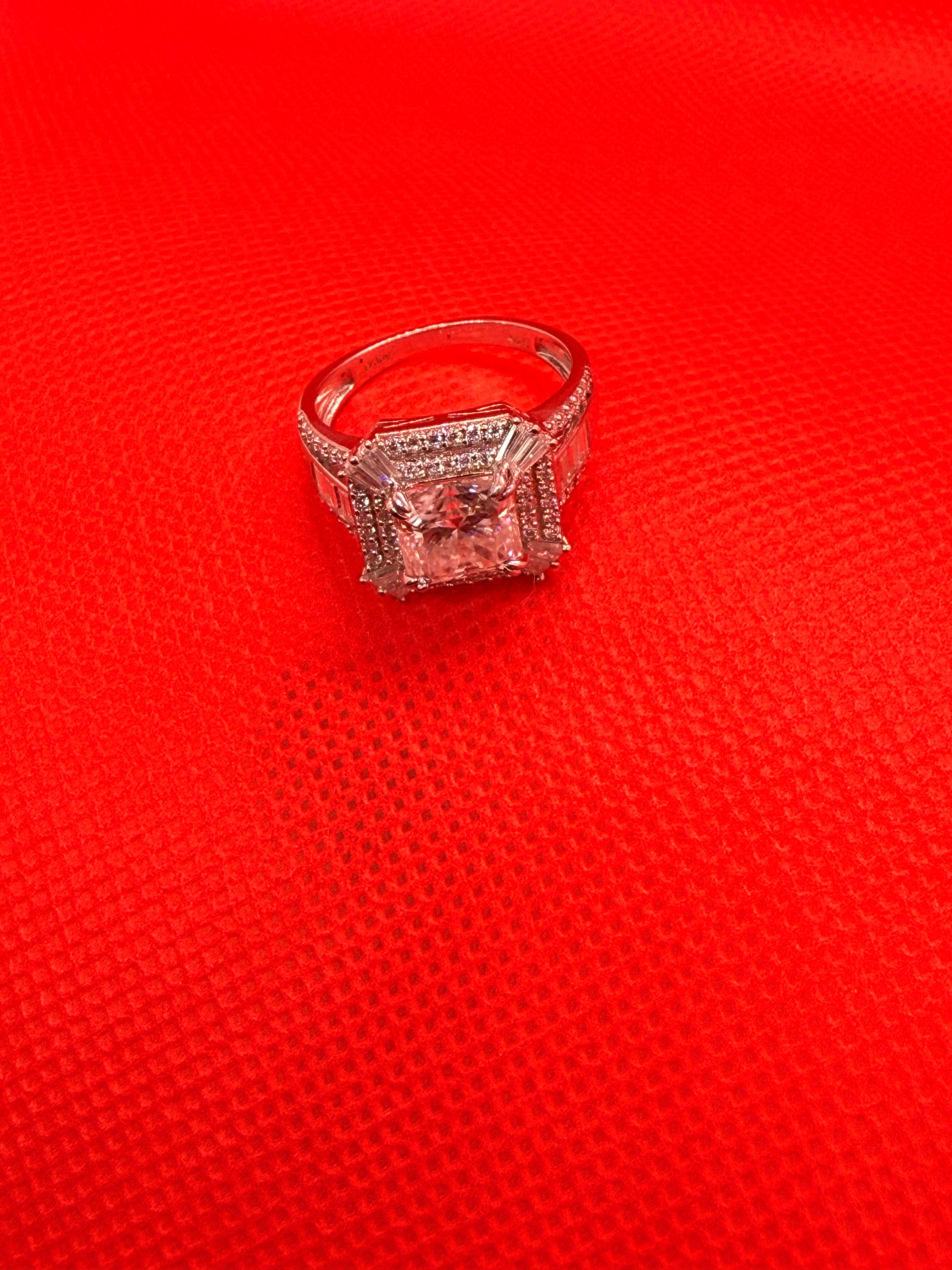 D’Joy 925 Sterling Silver Cushion Cut Double Halo Moissanite Statement Ring Size 8