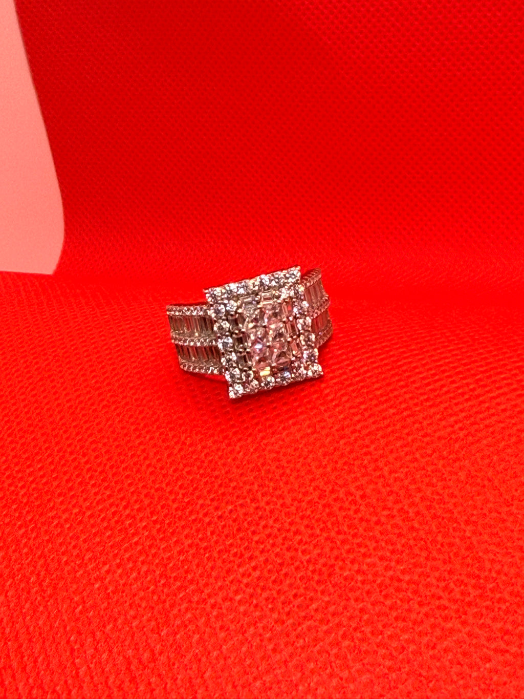 925 Sterling Silver Princess CZ Cluster Halo Wide Baguette Band Statement Ring Size 8