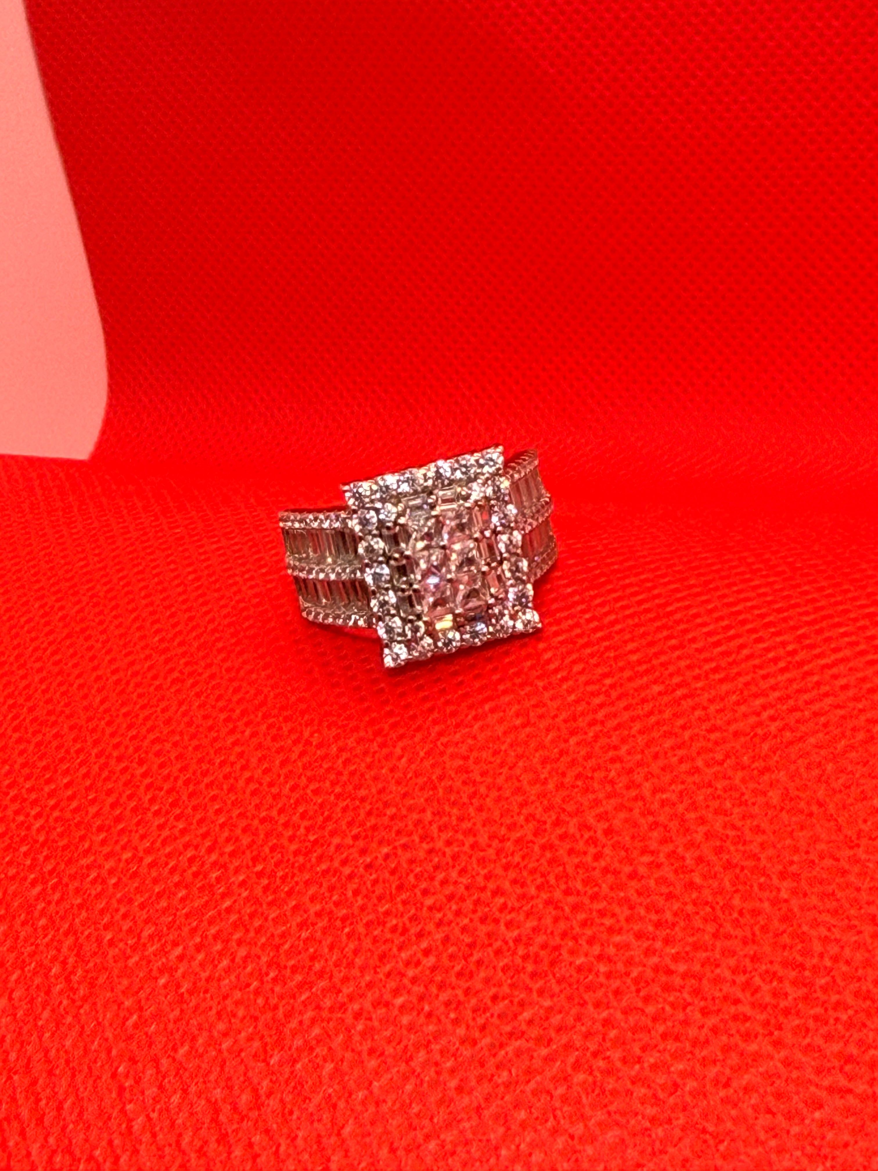 925 Sterling Silver Princess CZ Cluster Halo Wide Baguette Band Statement Ring Size 8