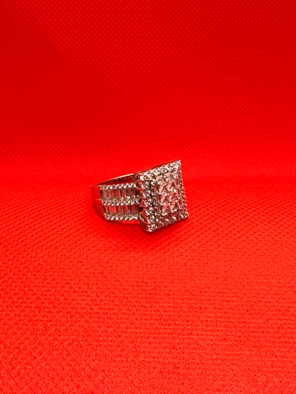 925 Sterling Silver Princess CZ Cluster Halo Wide Baguette Band Statement Ring Size 8