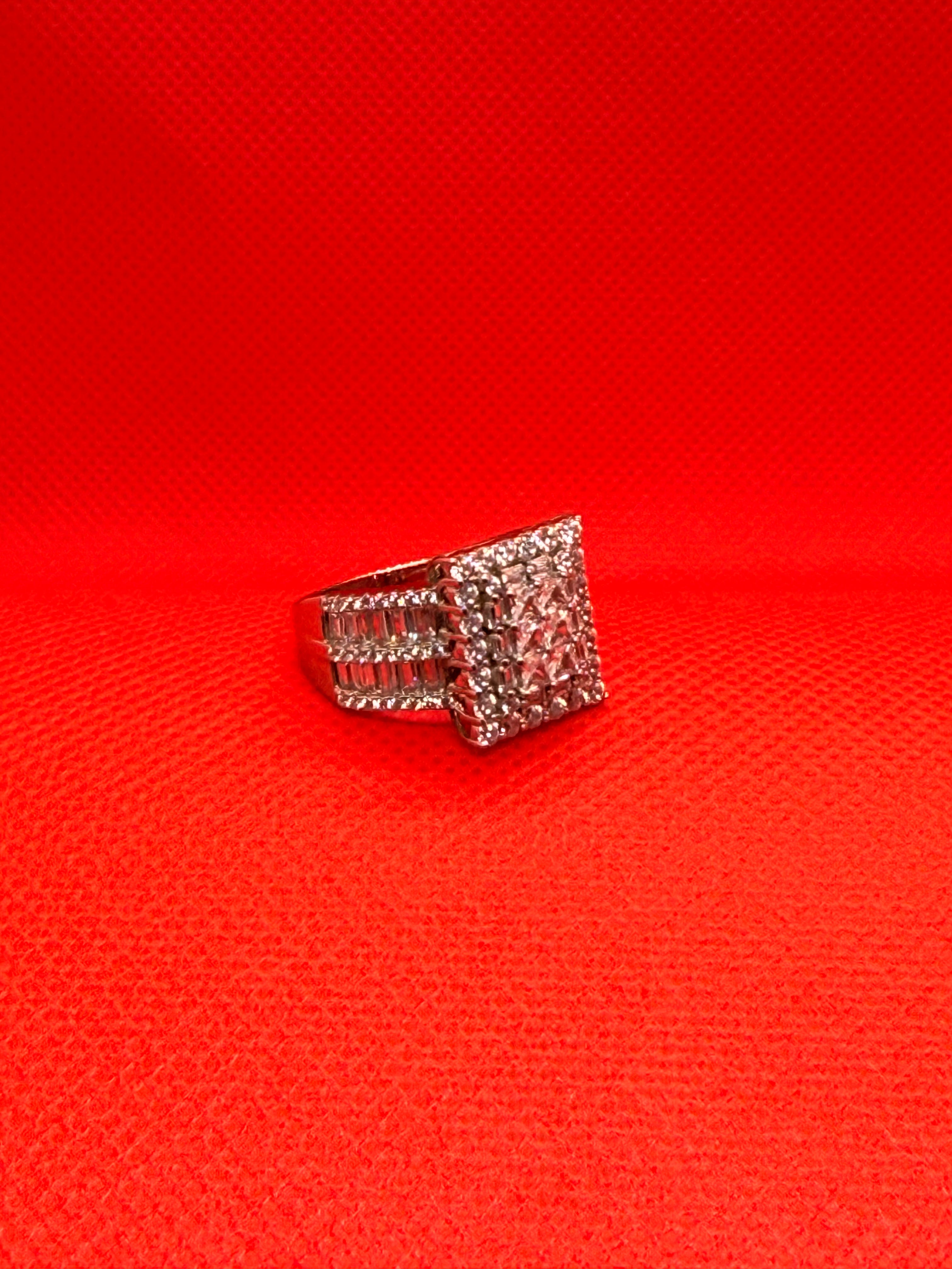 925 Sterling Silver Princess CZ Cluster Halo Wide Baguette Band Statement Ring Size 8