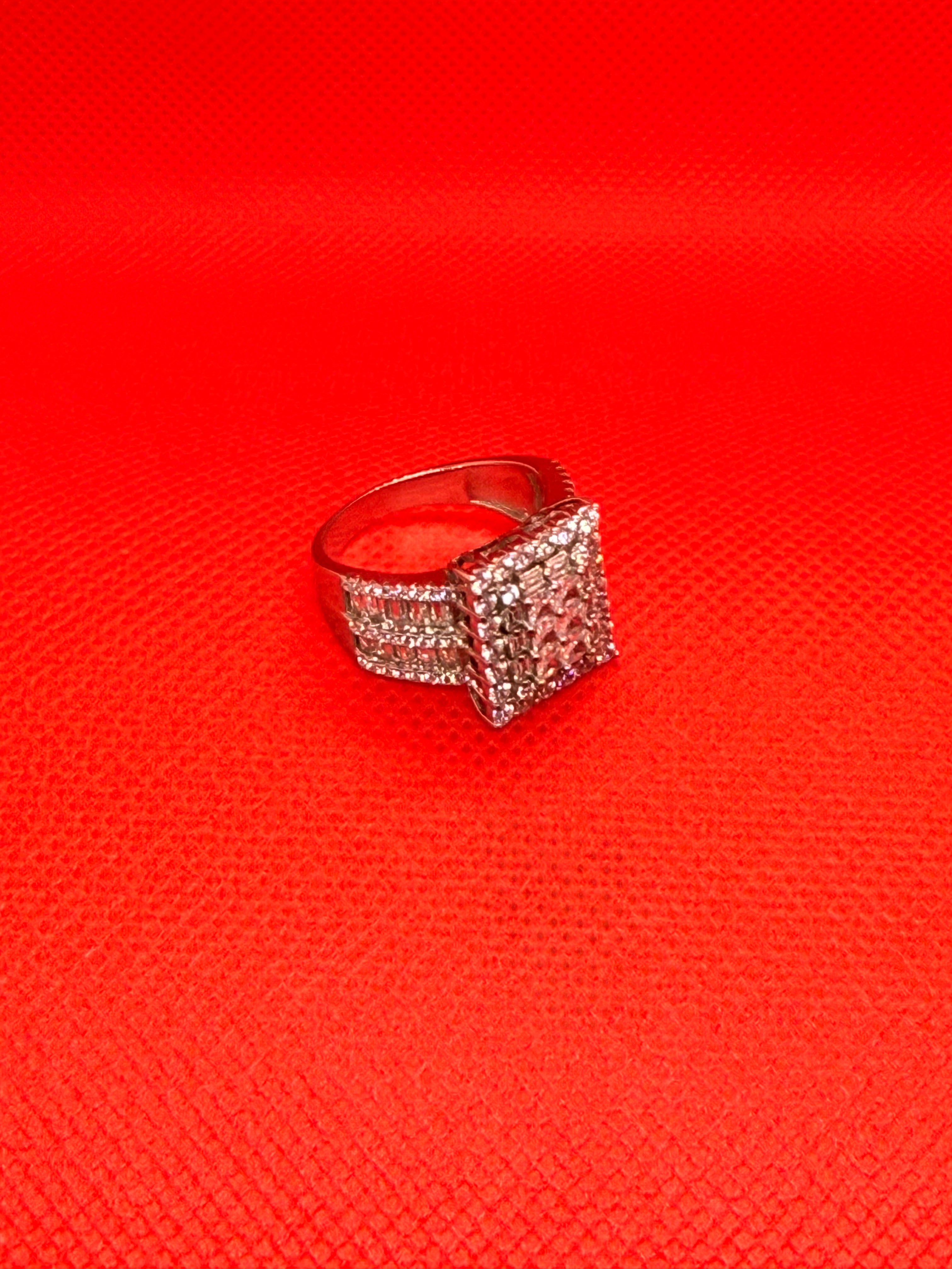 925 Sterling Silver Princess CZ Cluster Halo Wide Baguette Band Statement Ring Size 8
