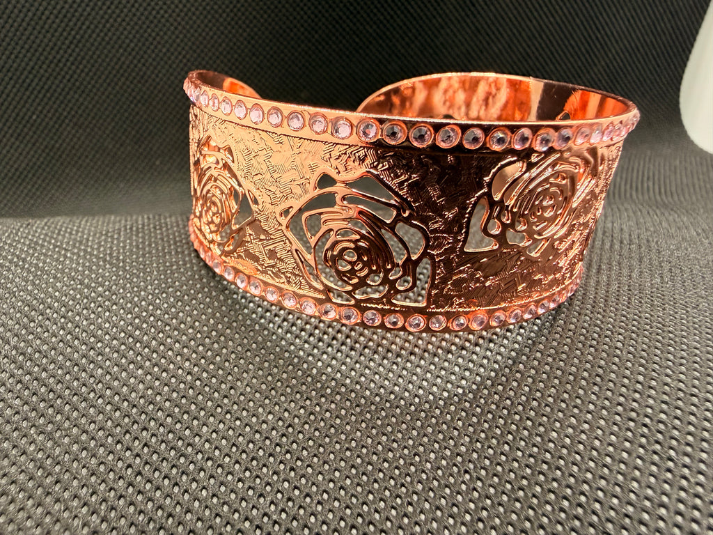 Rose Gold Copper Wide Cuff Bracelet – Filigree Rose Design with Pink Crystals