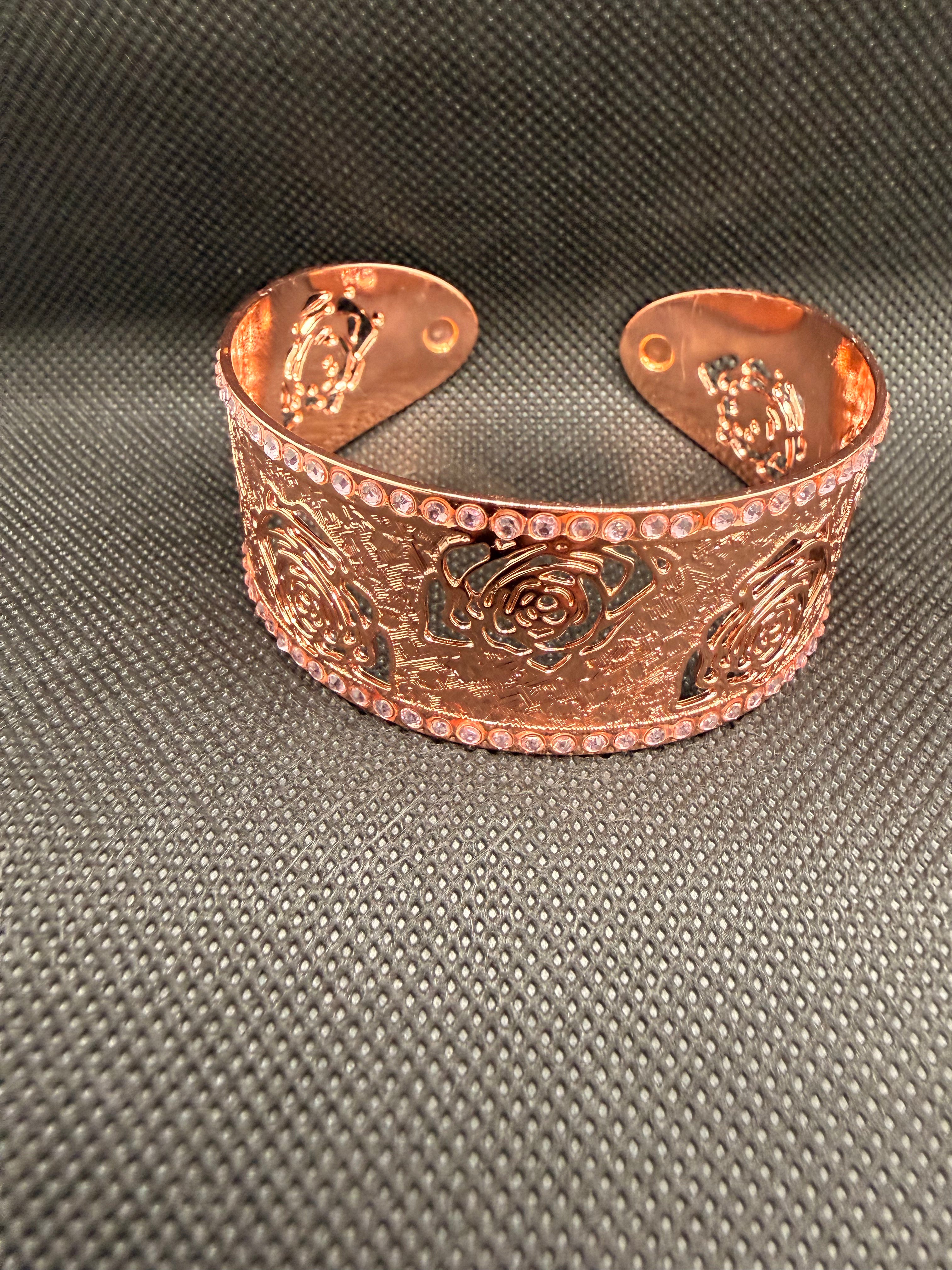 Rose Gold Copper Wide Cuff Bracelet – Filigree Rose Design with Pink Crystals