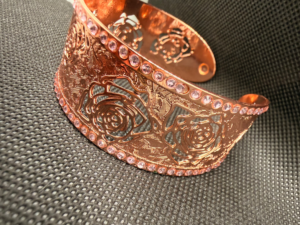 Rose Gold Copper Wide Cuff Bracelet – Filigree Rose Design with Pink Crystals