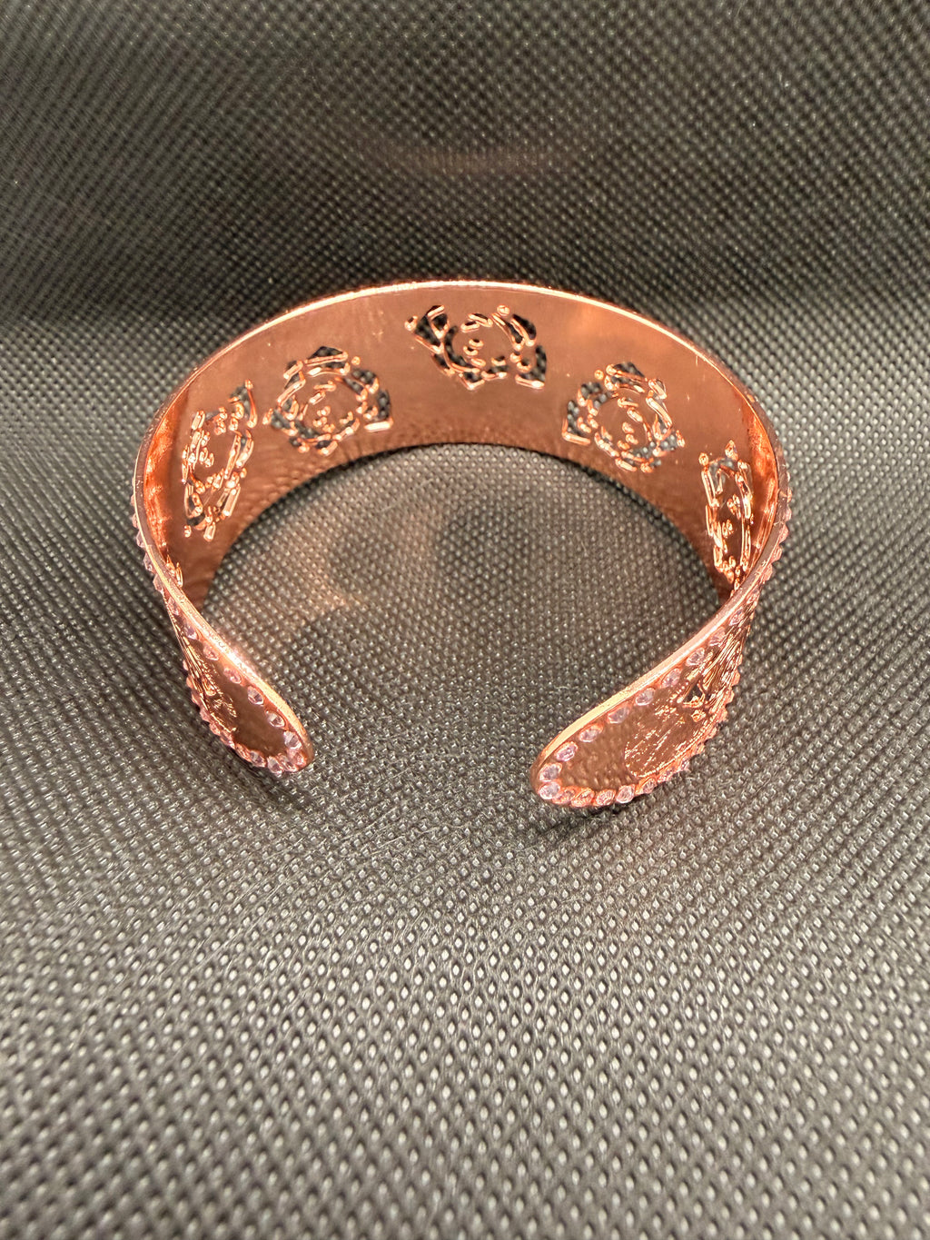 Rose Gold Copper Wide Cuff Bracelet – Filigree Rose Design with Pink Crystals