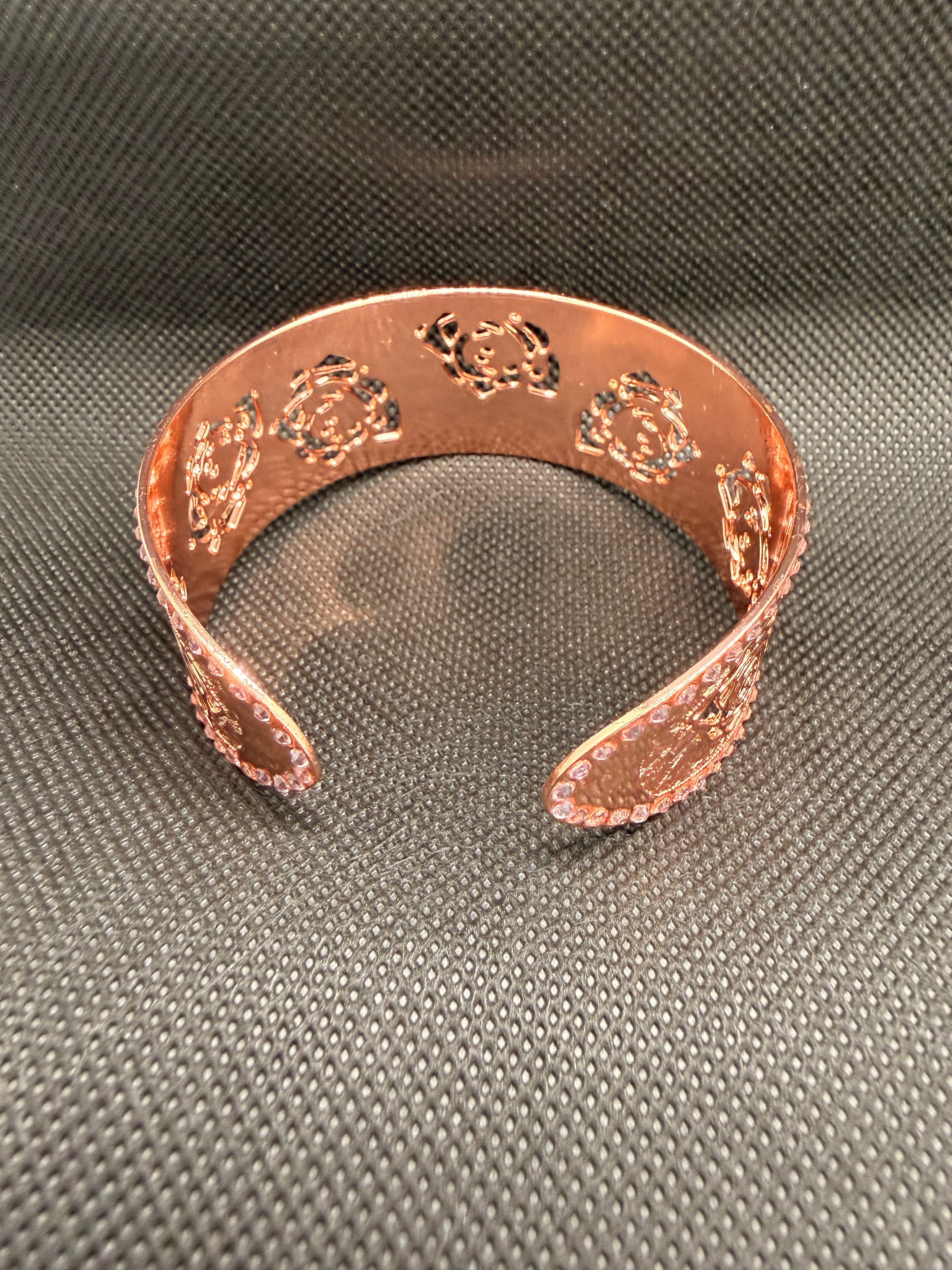 Rose Gold Copper Wide Cuff Bracelet – Filigree Rose Design with Pink Crystals