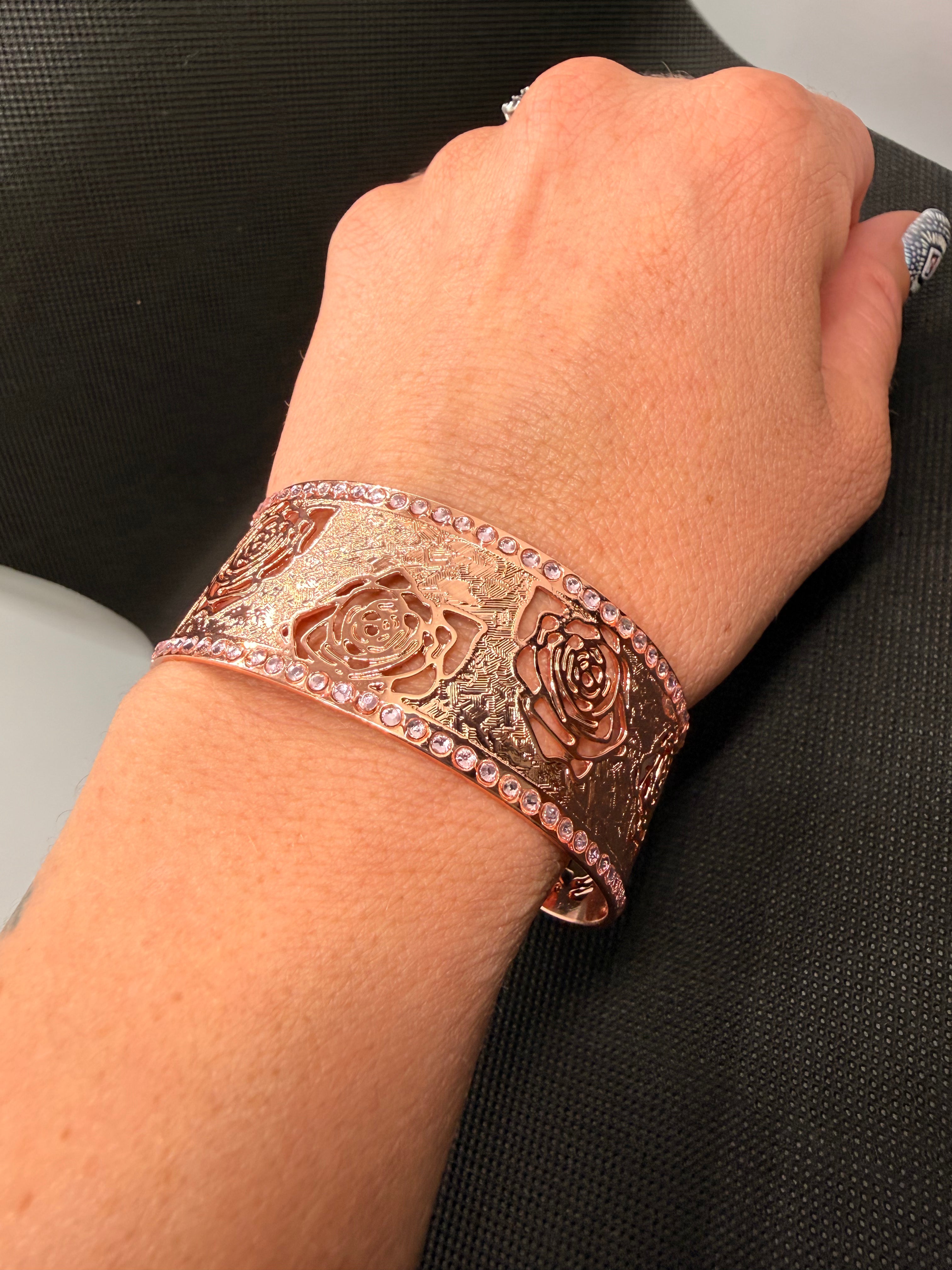 Rose Gold Copper Wide Cuff Bracelet – Filigree Rose Design with Pink Crystals