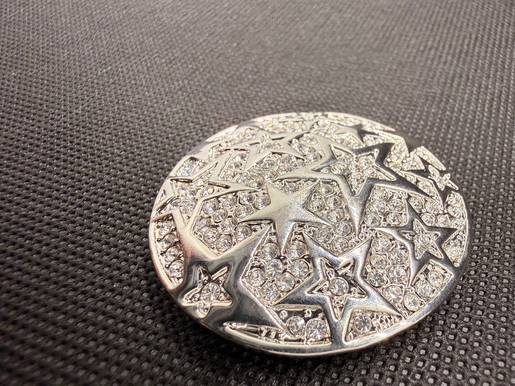 Silver Tone Pave Crystal Star Cluster Magnetic Brooch – Round Disc Statement Pin