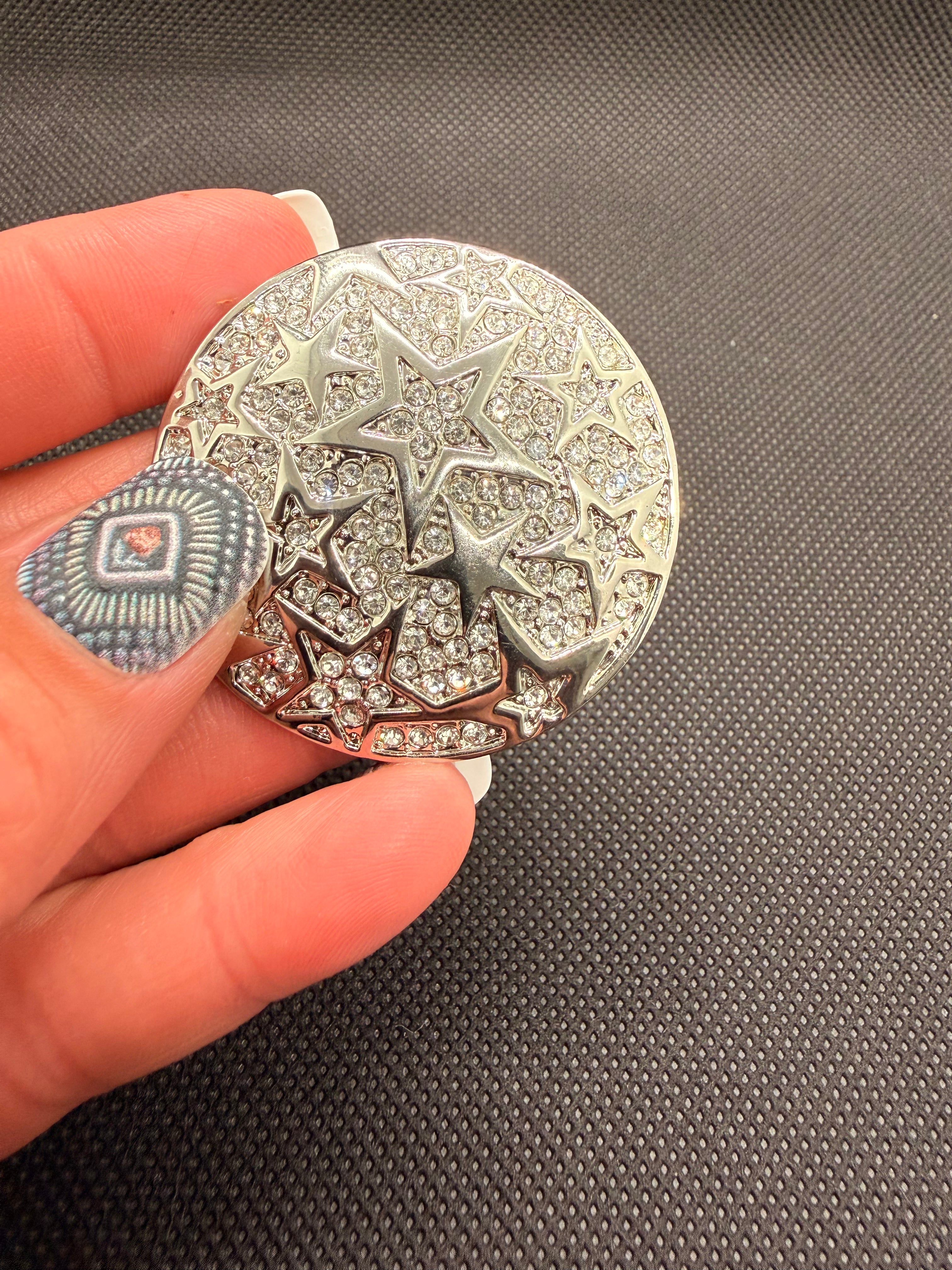 Silver Tone Pave Crystal Star Cluster Magnetic Brooch – Round Disc Statement Pin