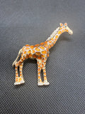 Orange Enamel Rhinestone Giraffe Brooch Pin | Gold Tone Animal Statement Jewelry