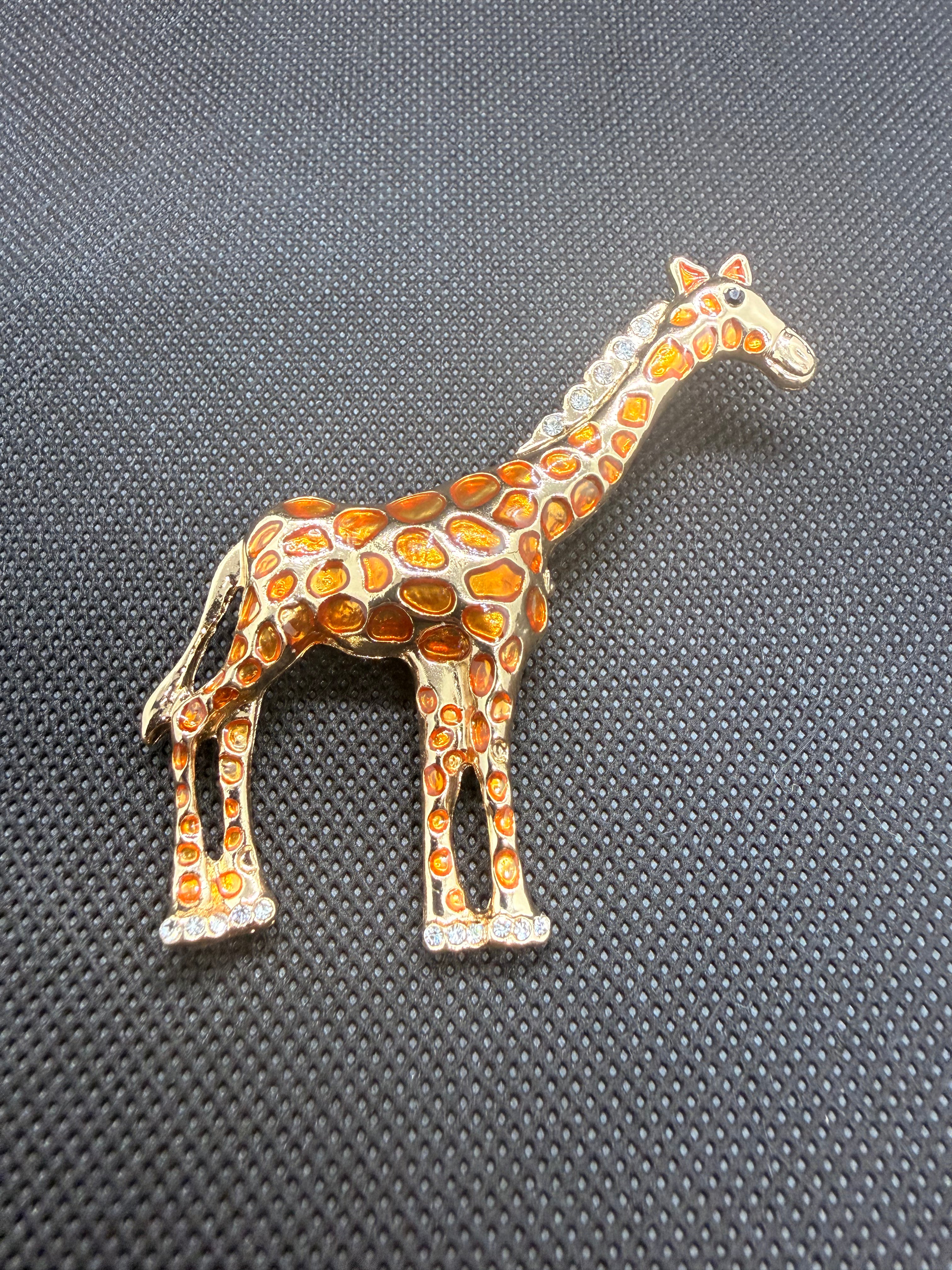 Orange Enamel Rhinestone Giraffe Brooch Pin | Gold Tone Animal Statement Jewelry