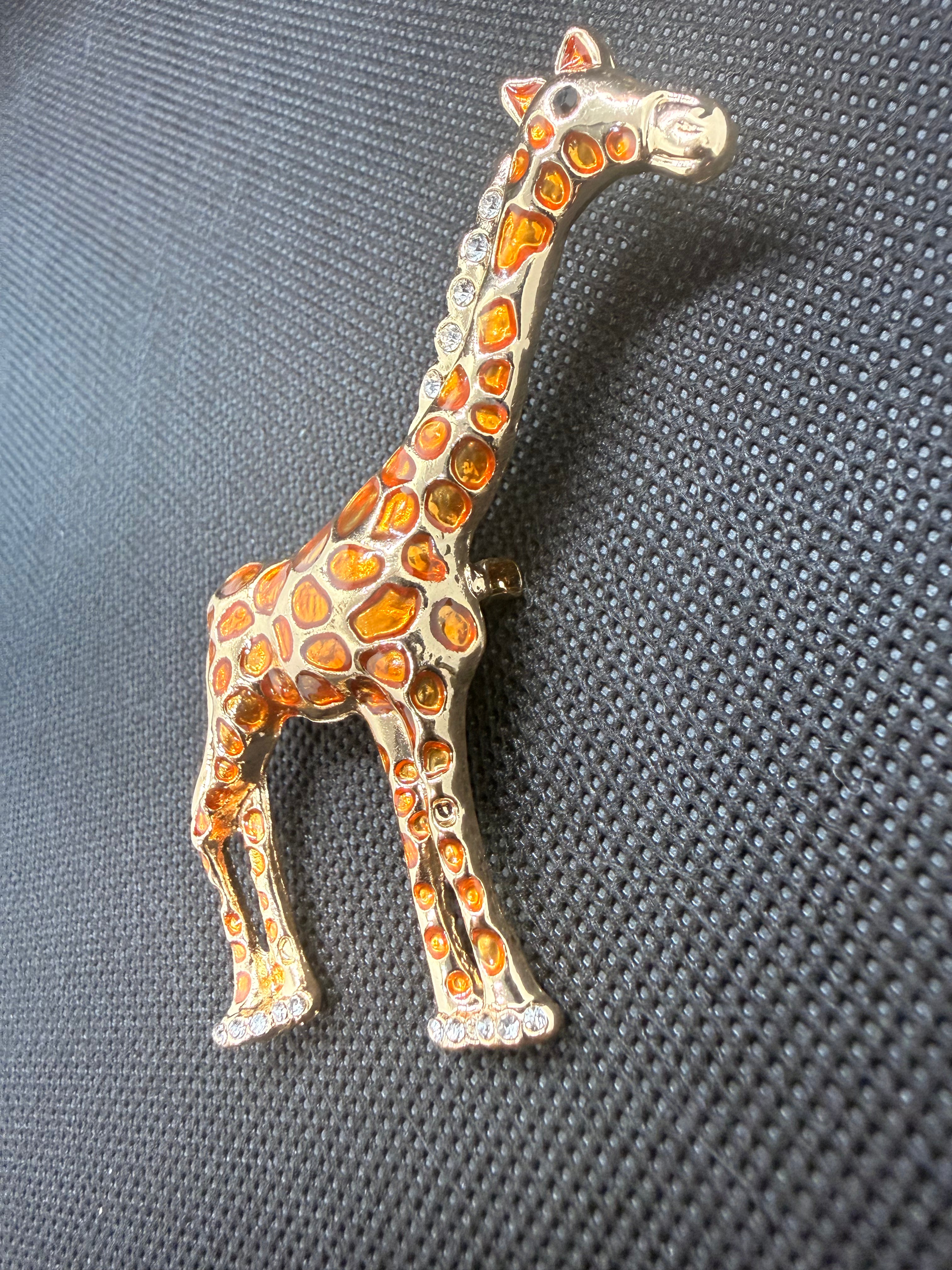 Orange Enamel Rhinestone Giraffe Brooch Pin | Gold Tone Animal Statement Jewelry
