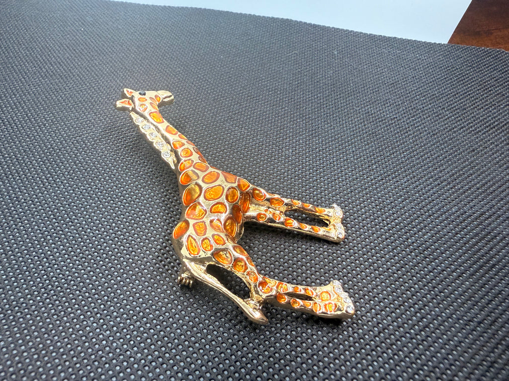 Orange Enamel Rhinestone Giraffe Brooch Pin | Gold Tone Animal Statement Jewelry