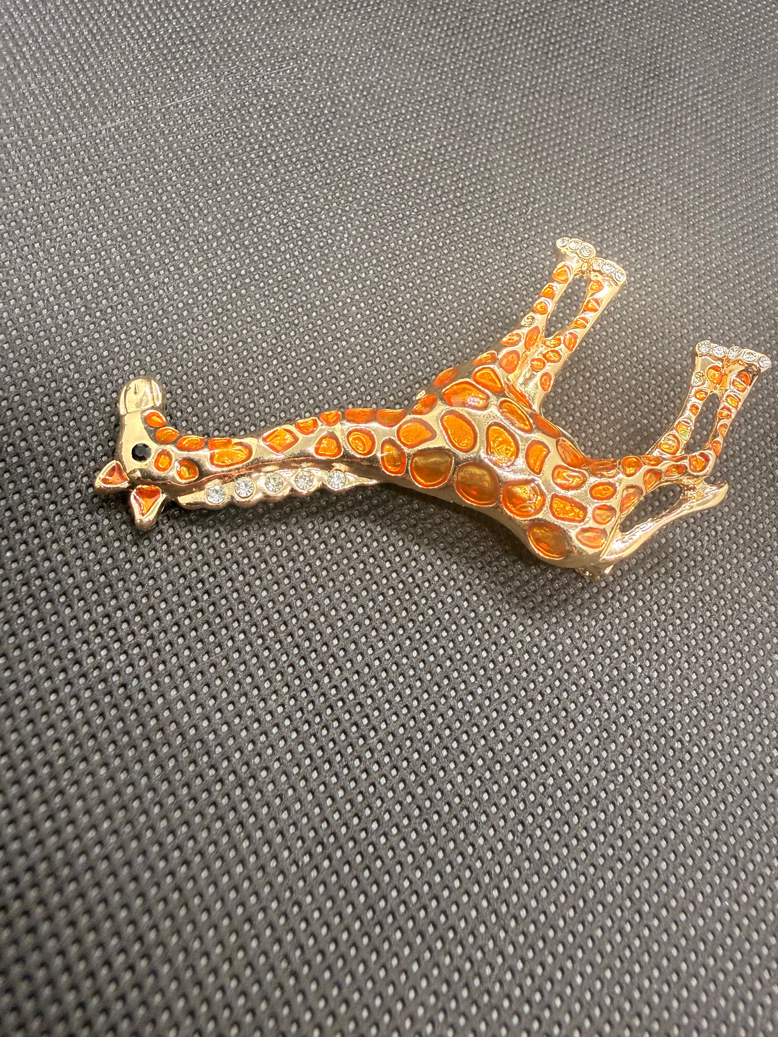 Orange Enamel Rhinestone Giraffe Brooch Pin | Gold Tone Animal Statement Jewelry