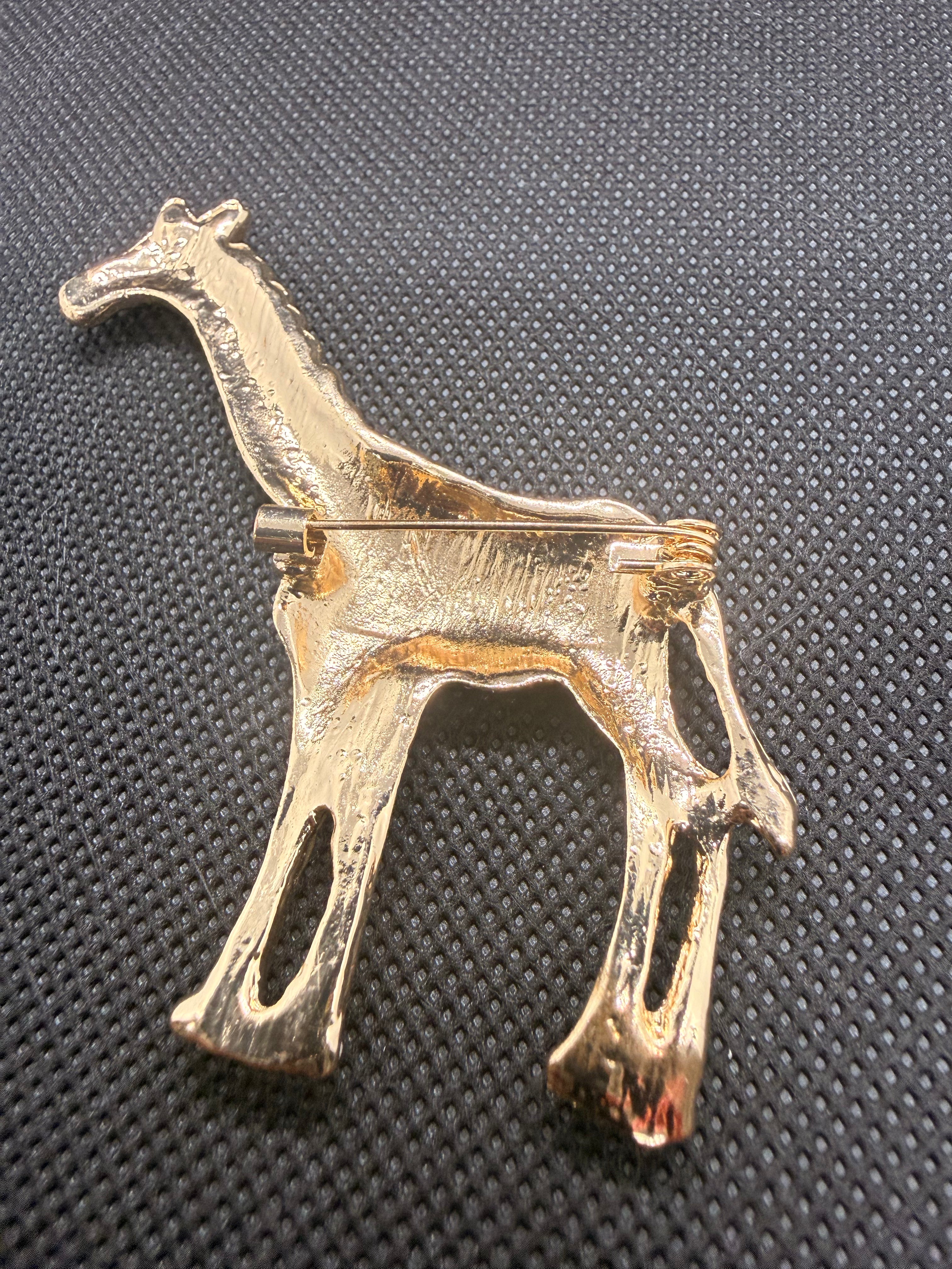 Orange Enamel Rhinestone Giraffe Brooch Pin | Gold Tone Animal Statement Jewelry