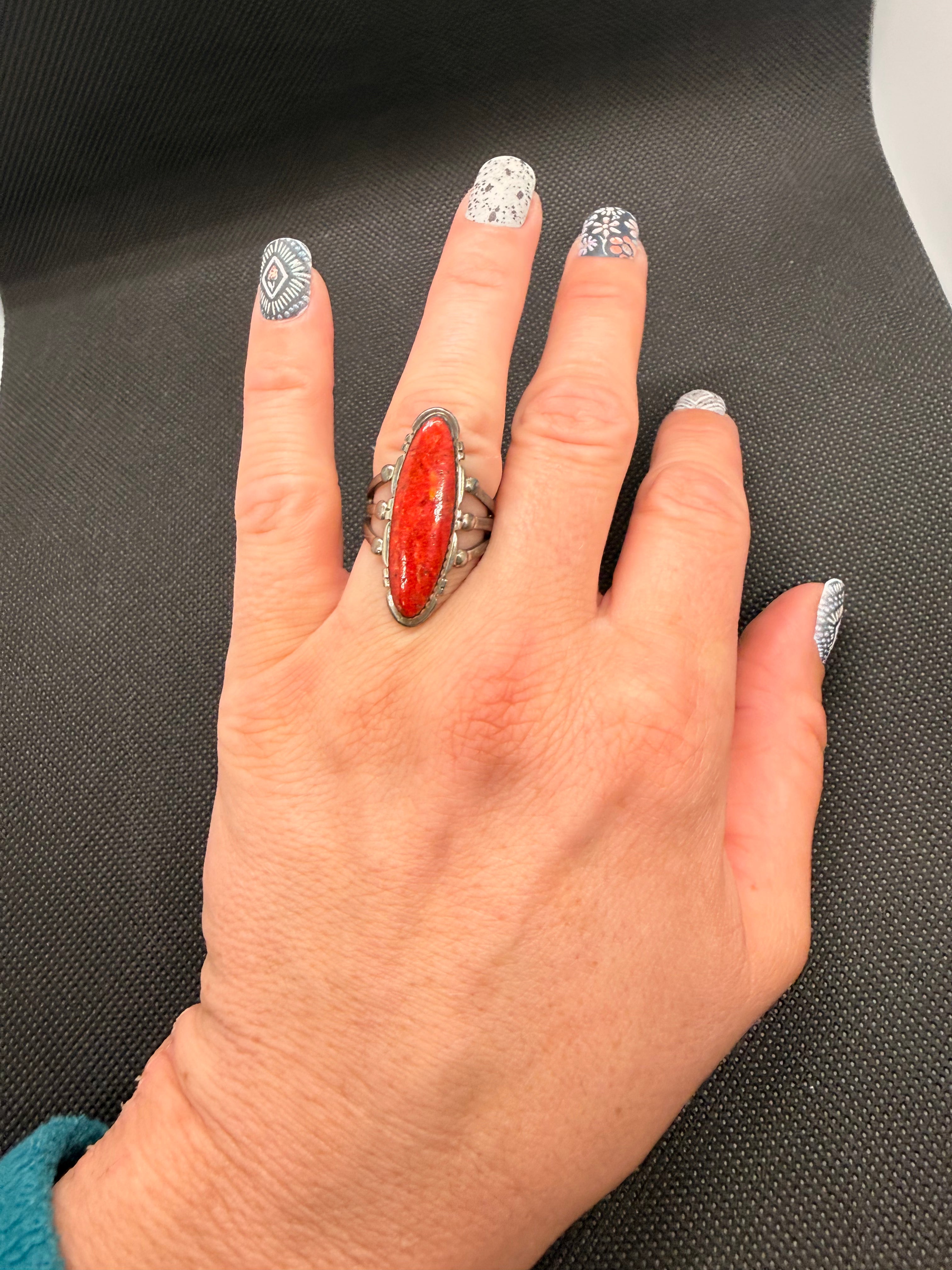 Vintage 925 Sterling Silver Red Oval Cabochon Southwestern Ring Size 7 6.47g