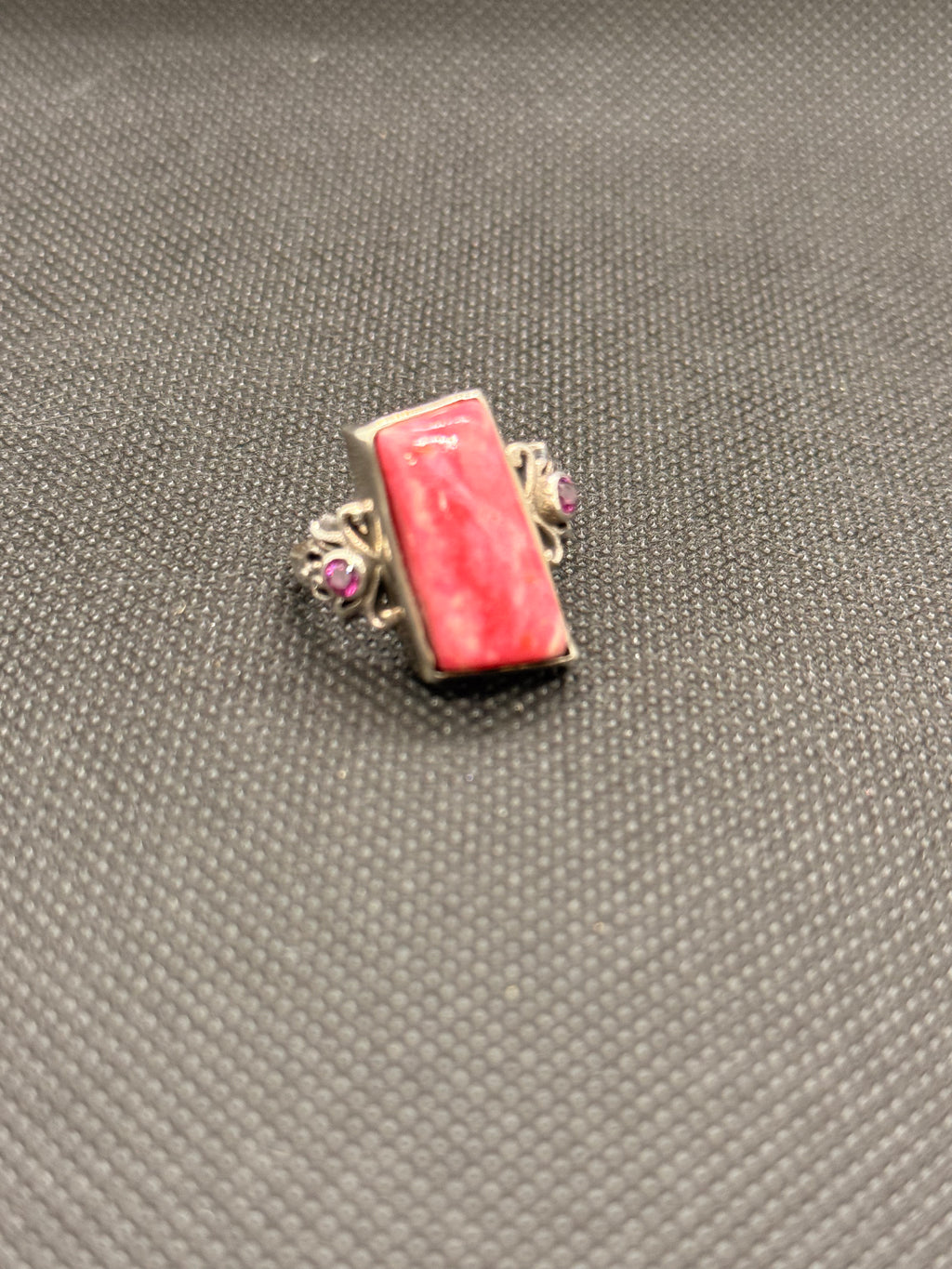 Genuine Rhodochrosite Rectangle Cabochon Sterling Silver Ring Size 7 with Purple Accents