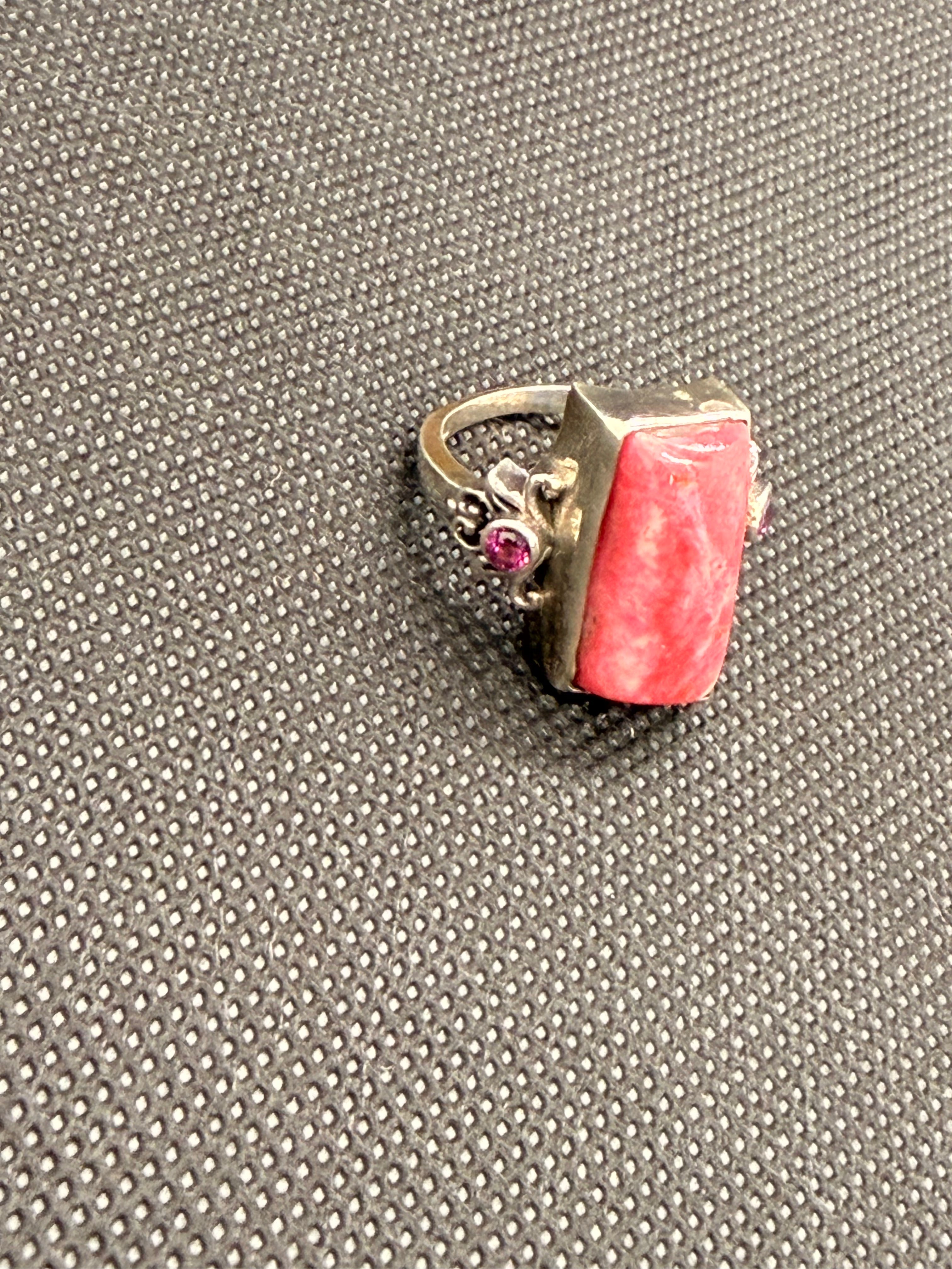 Genuine Rhodochrosite Rectangle Cabochon Sterling Silver Ring Size 7 with Purple Accents