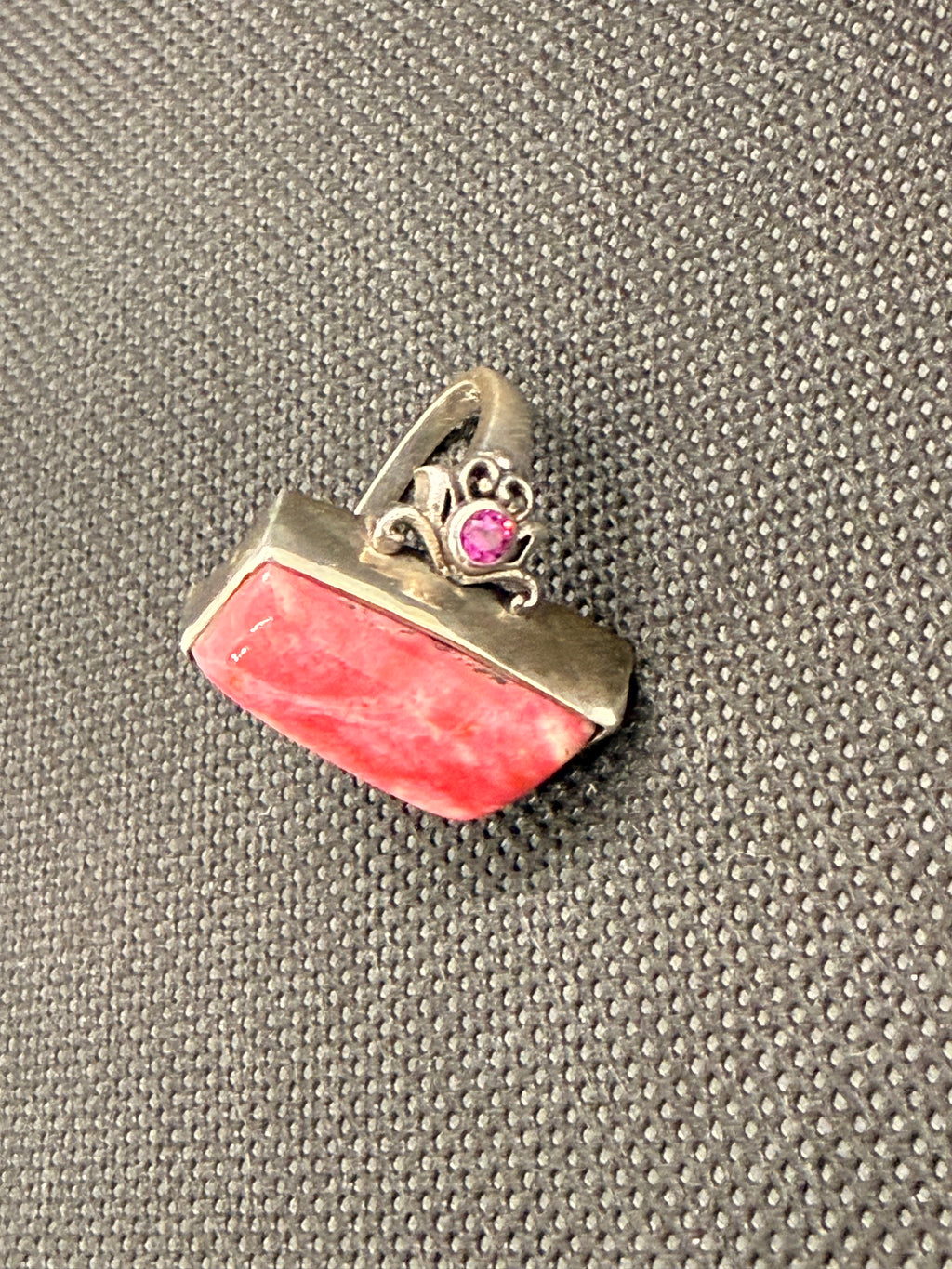 Genuine Rhodochrosite Rectangle Cabochon Sterling Silver Ring Size 7 with Purple Accents