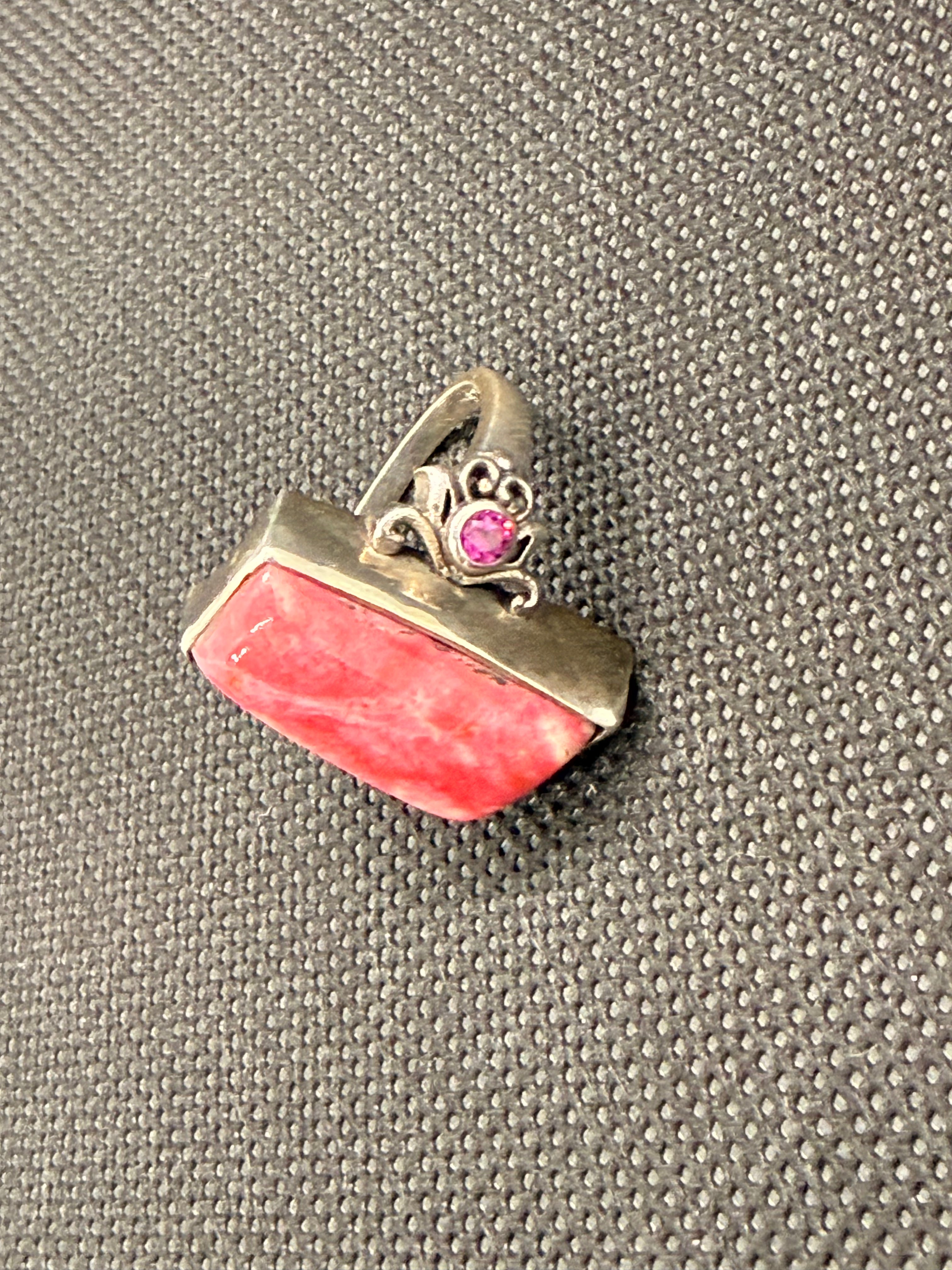Genuine Rhodochrosite Rectangle Cabochon Sterling Silver Ring Size 7 with Purple Accents