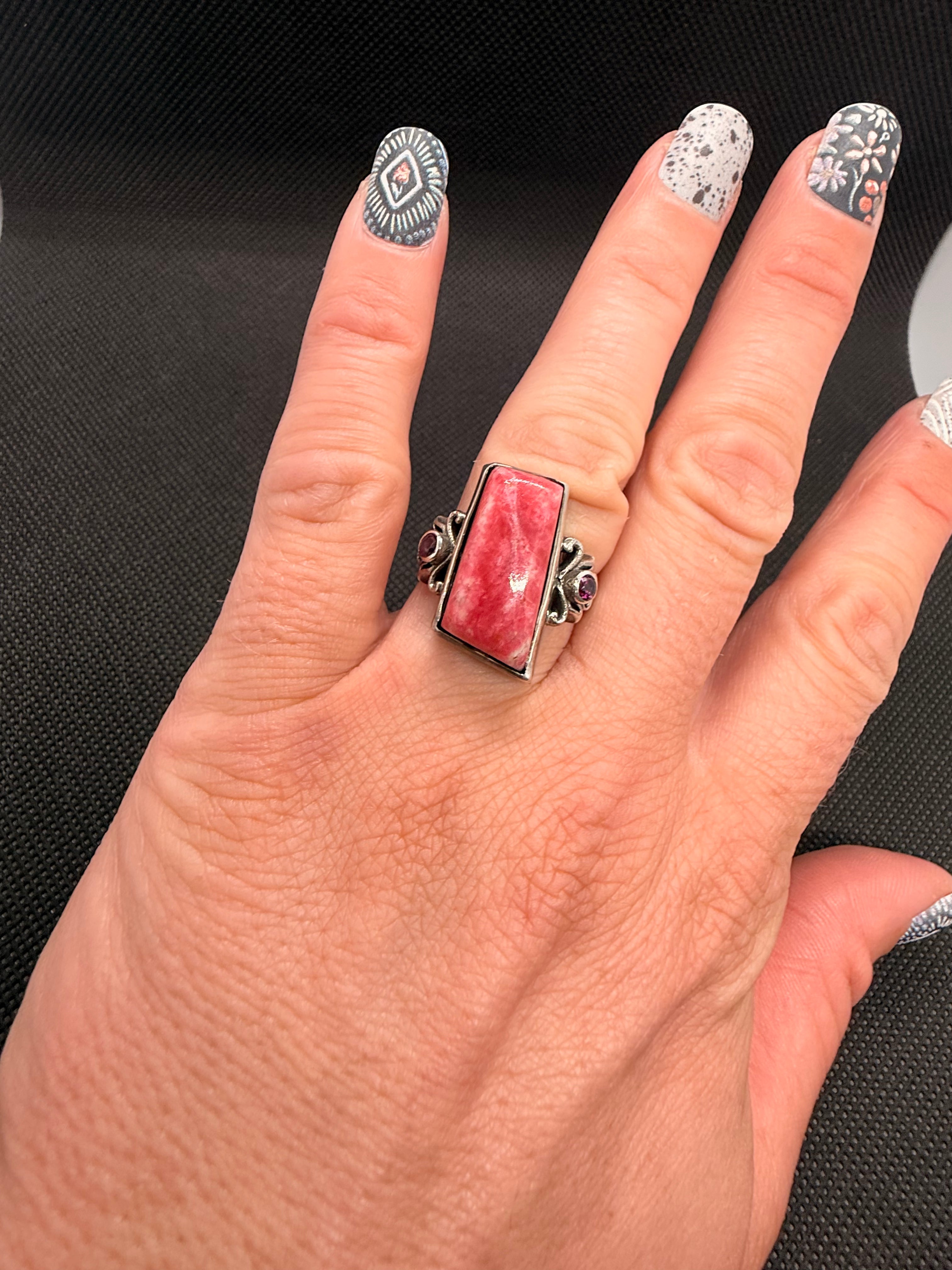Genuine Rhodochrosite Rectangle Cabochon Sterling Silver Ring Size 7 with Purple Accents