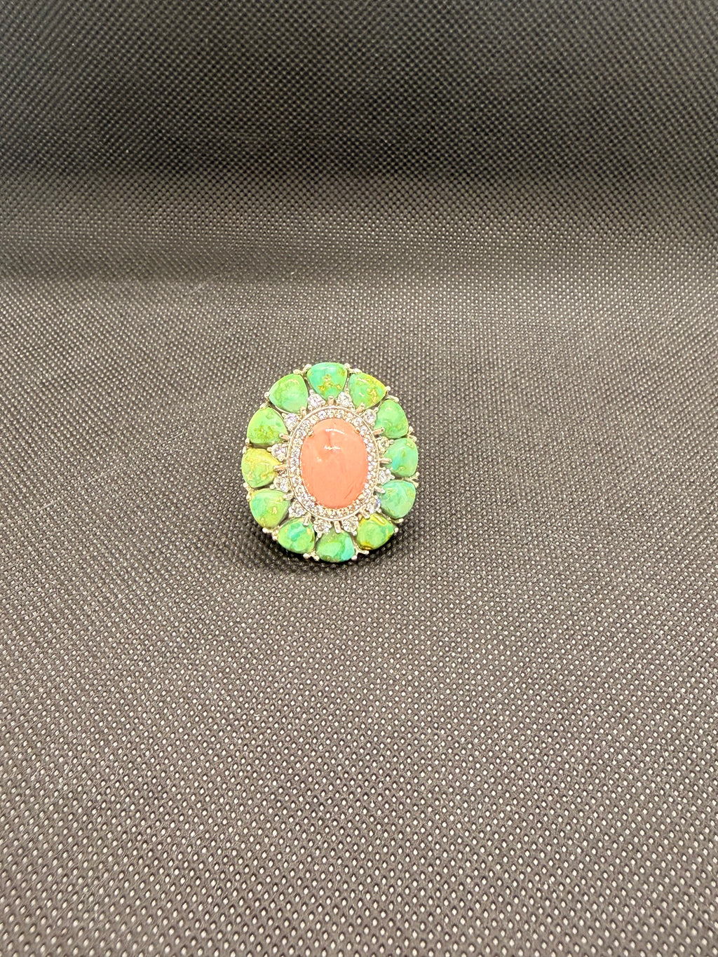 925 Sterling Silver Coral & Green Turquoise Cocktail Ring — Size 7 Statement Ring