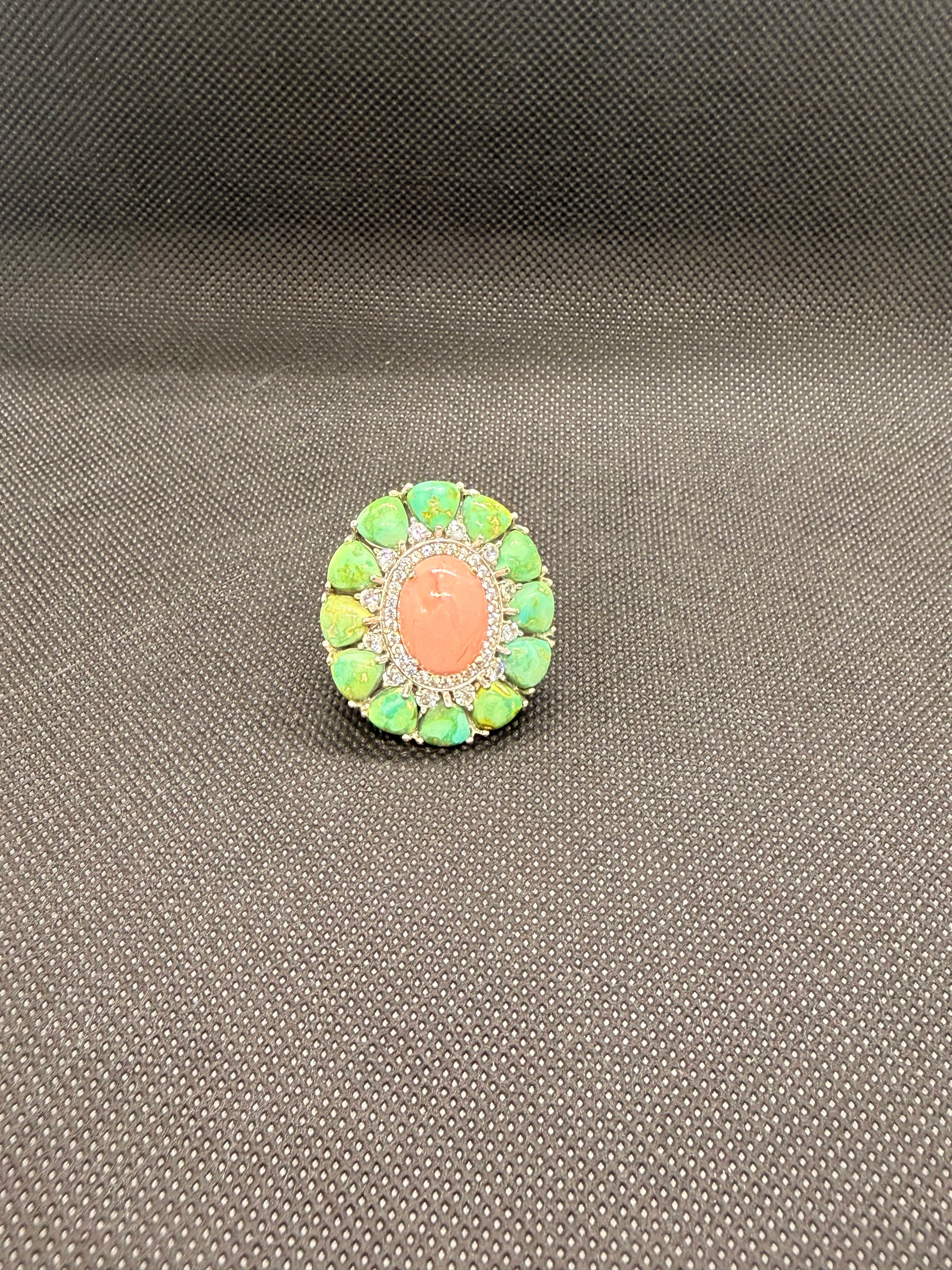 925 Sterling Silver Coral & Green Turquoise Cocktail Ring — Size 7 Statement Ring