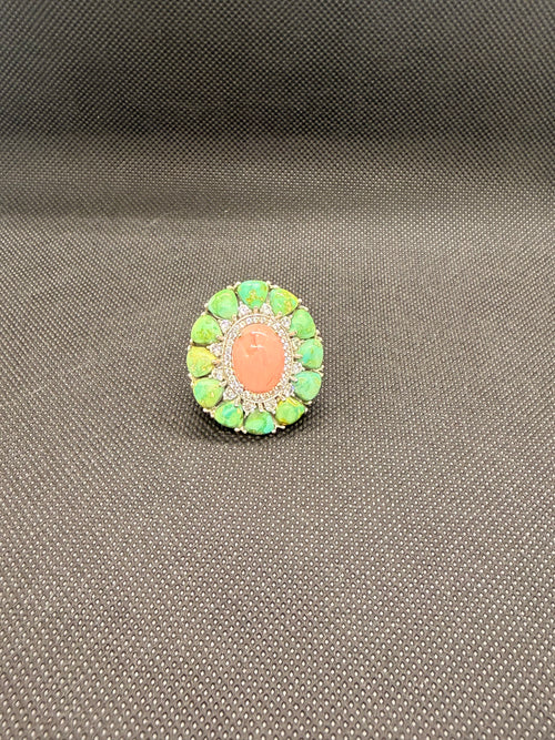 925 Sterling Silver Coral & Green Turquoise Cocktail Ring — Size 7 Statement Ring