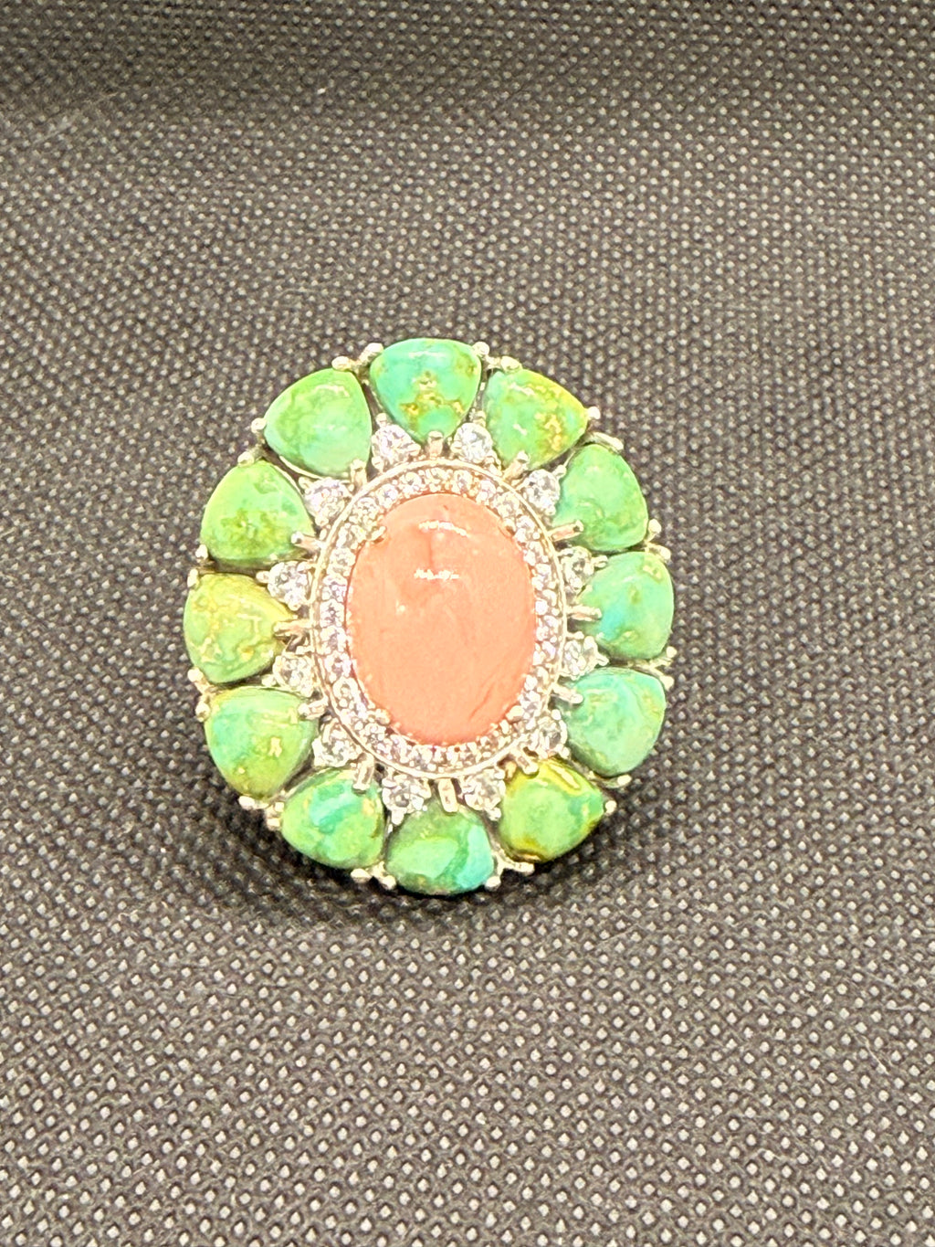 925 Sterling Silver Coral & Green Turquoise Cocktail Ring — Size 7 Statement Ring