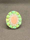 925 Sterling Silver Coral & Green Turquoise Cocktail Ring — Size 7 Statement Ring
