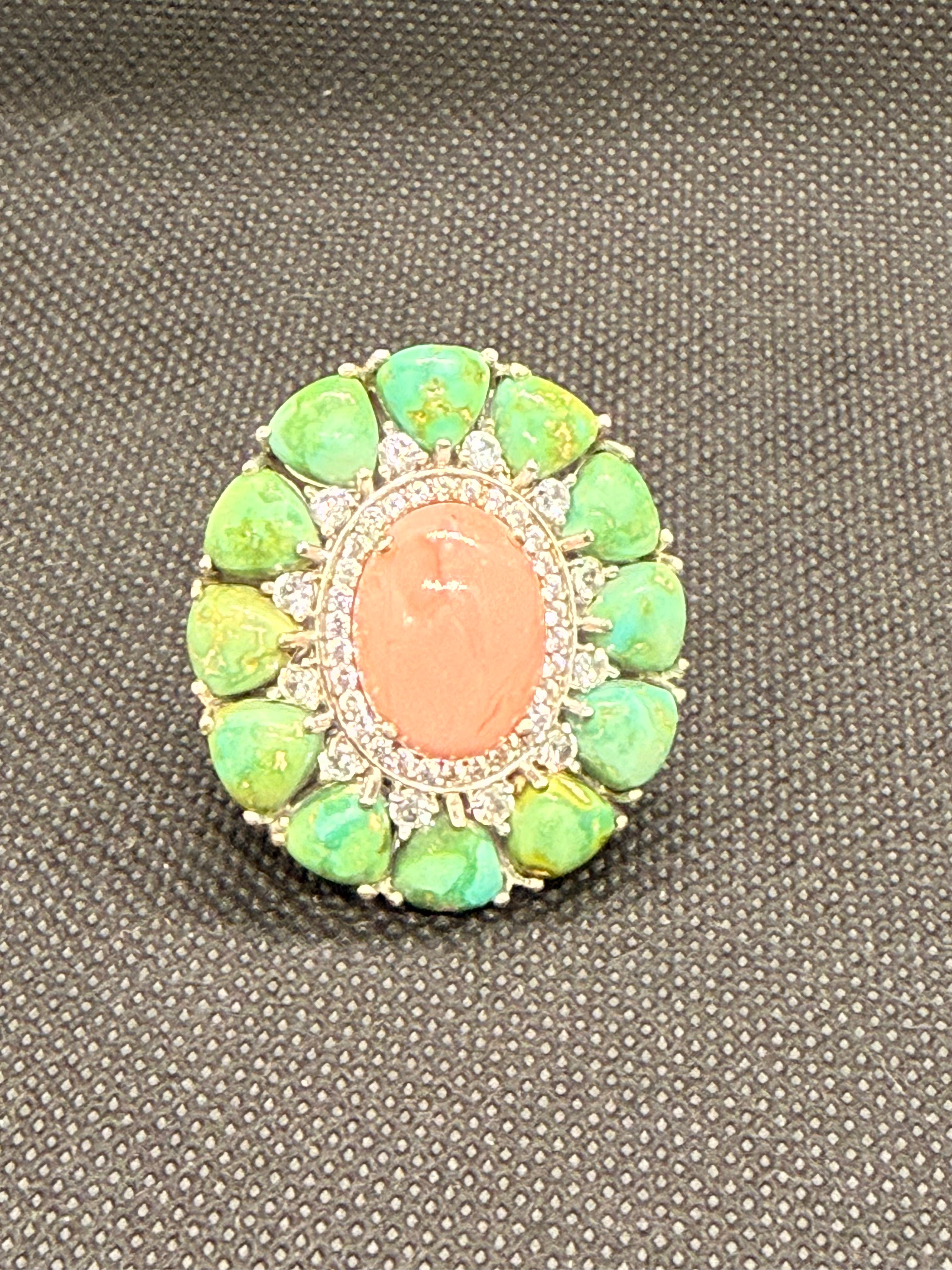 925 Sterling Silver Coral & Green Turquoise Cocktail Ring — Size 7 Statement Ring