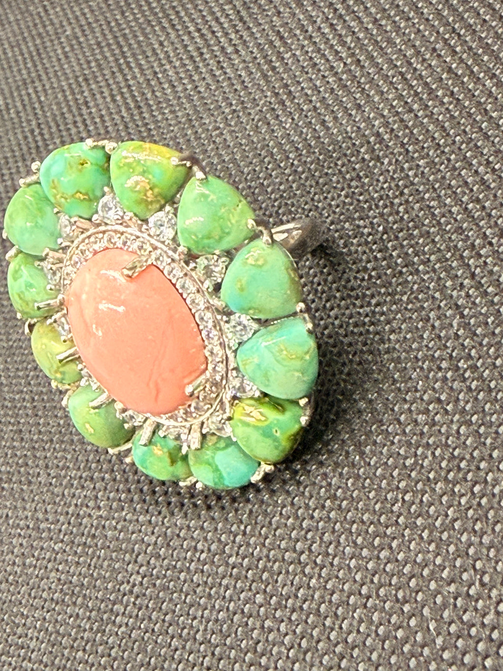 925 Sterling Silver Coral & Green Turquoise Cocktail Ring — Size 7 Statement Ring