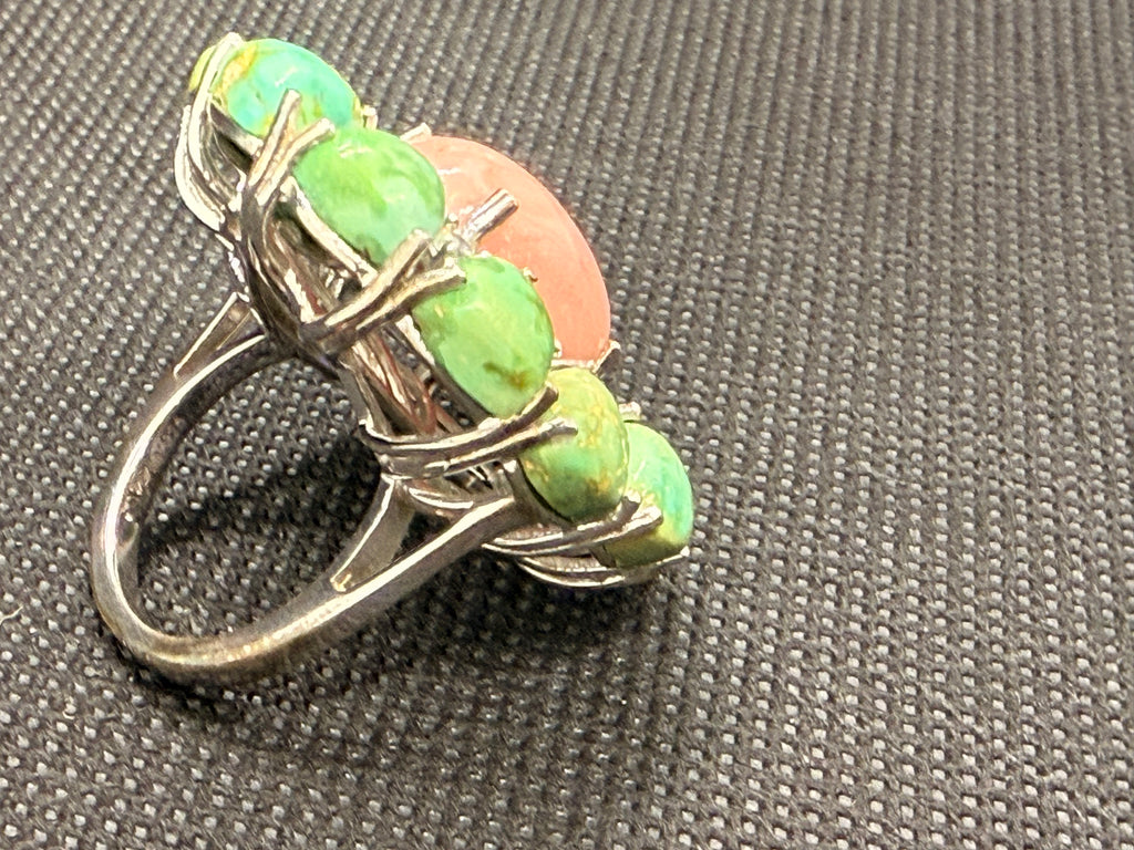 925 Sterling Silver Coral & Green Turquoise Cocktail Ring — Size 7 Statement Ring