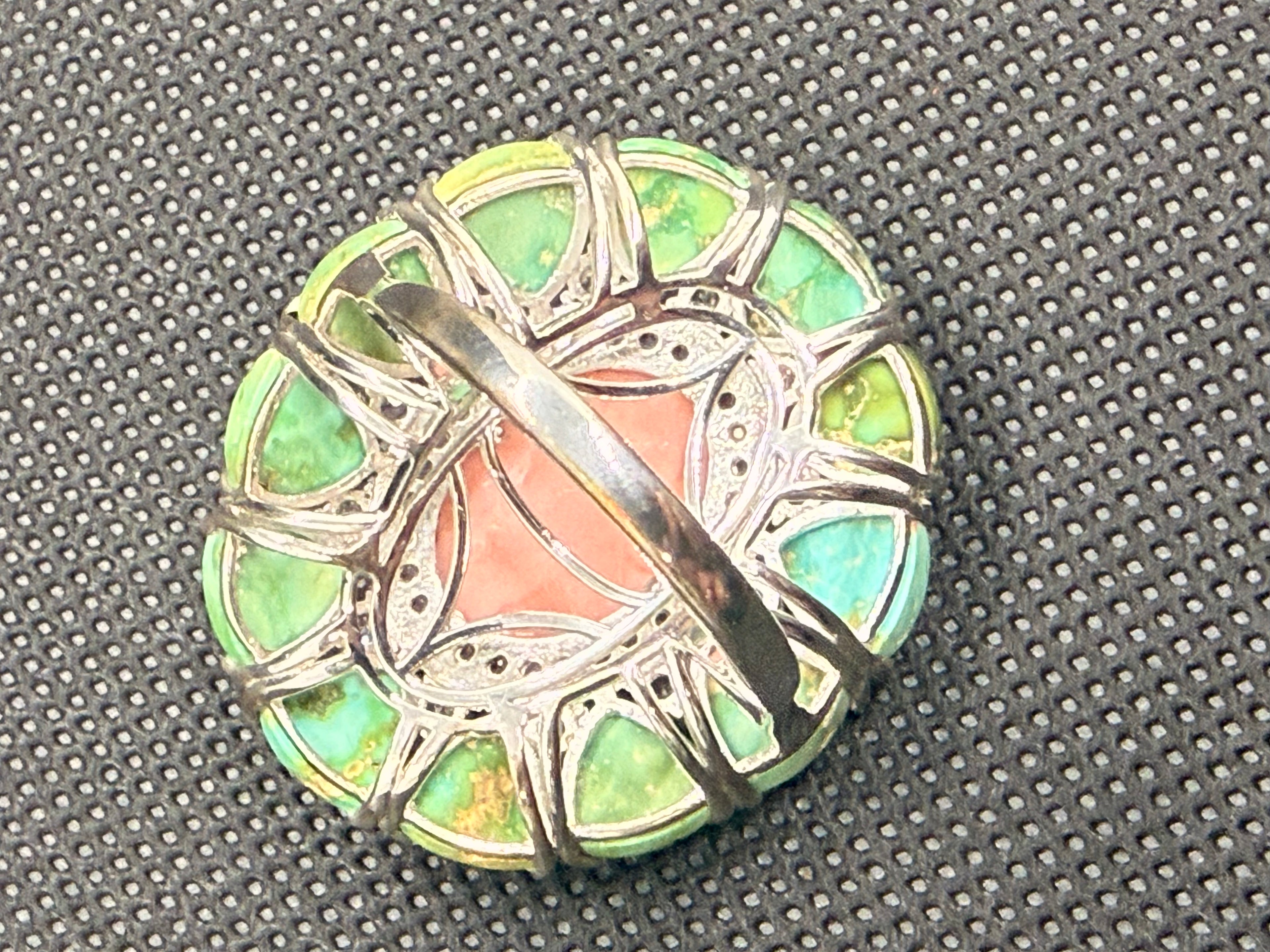 925 Sterling Silver Coral & Green Turquoise Cocktail Ring — Size 7 Statement Ring