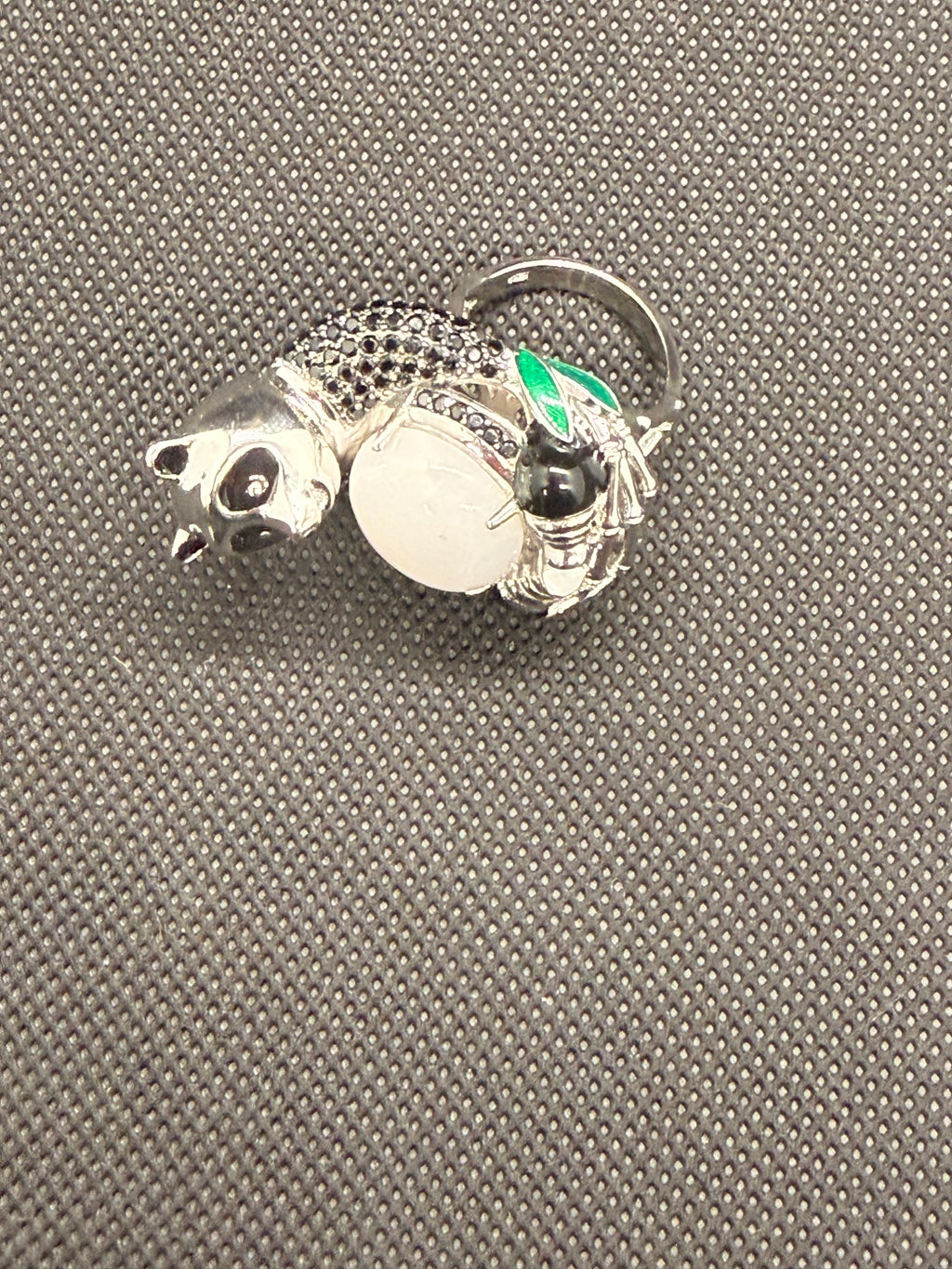 Jade of Yesteryear 925 Sterling Silver 3D Panda Ring — White Jade, Black Spinel Pavé, Size 7