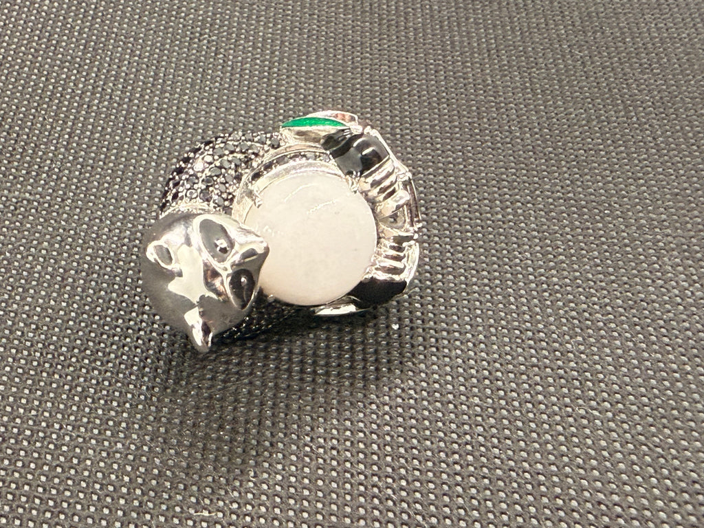 Jade of Yesteryear 925 Sterling Silver 3D Panda Ring — White Jade, Black Spinel Pavé, Size 7
