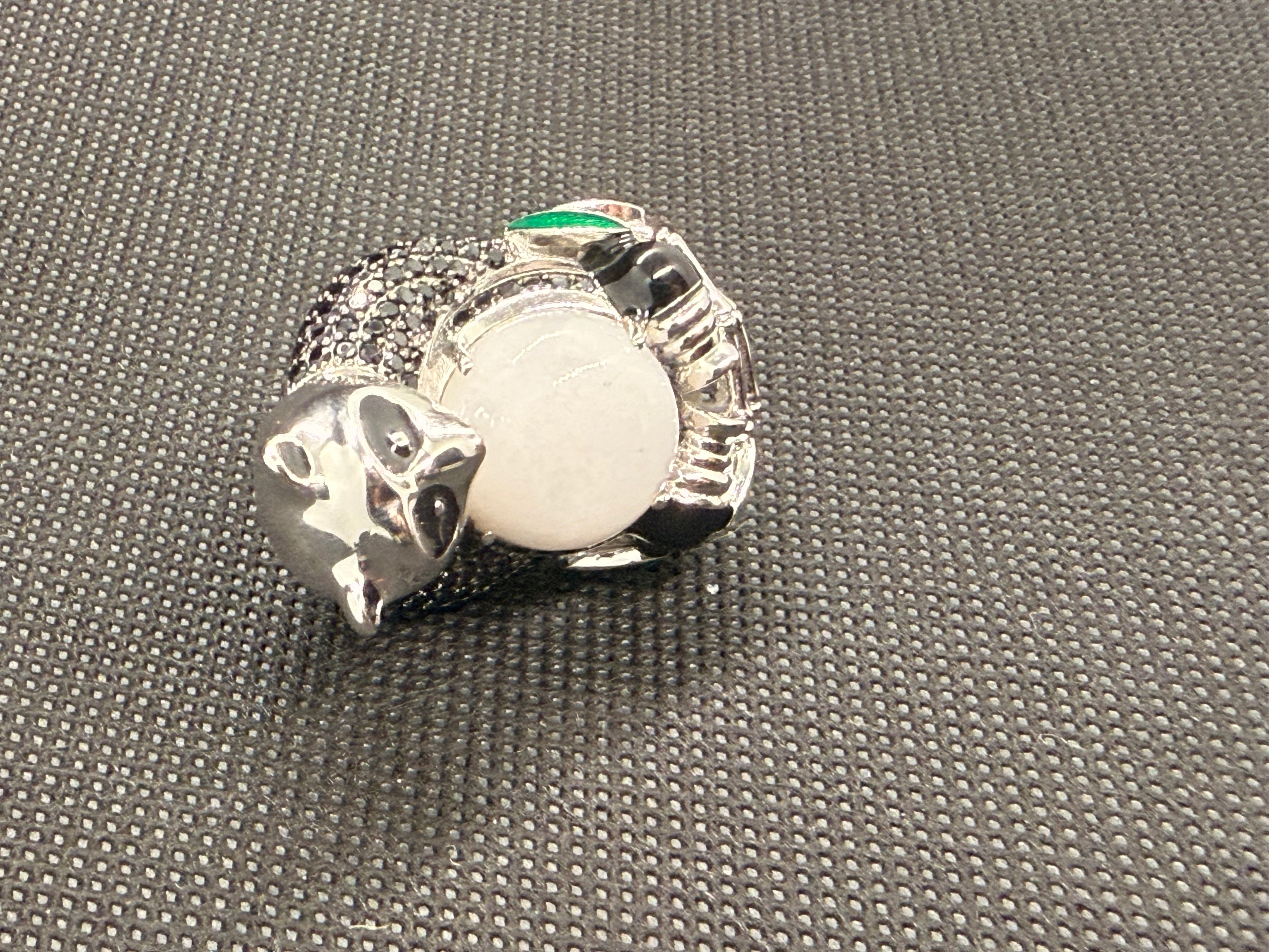 Jade of Yesteryear 925 Sterling Silver 3D Panda Ring — White Jade, Black Spinel Pavé, Size 7