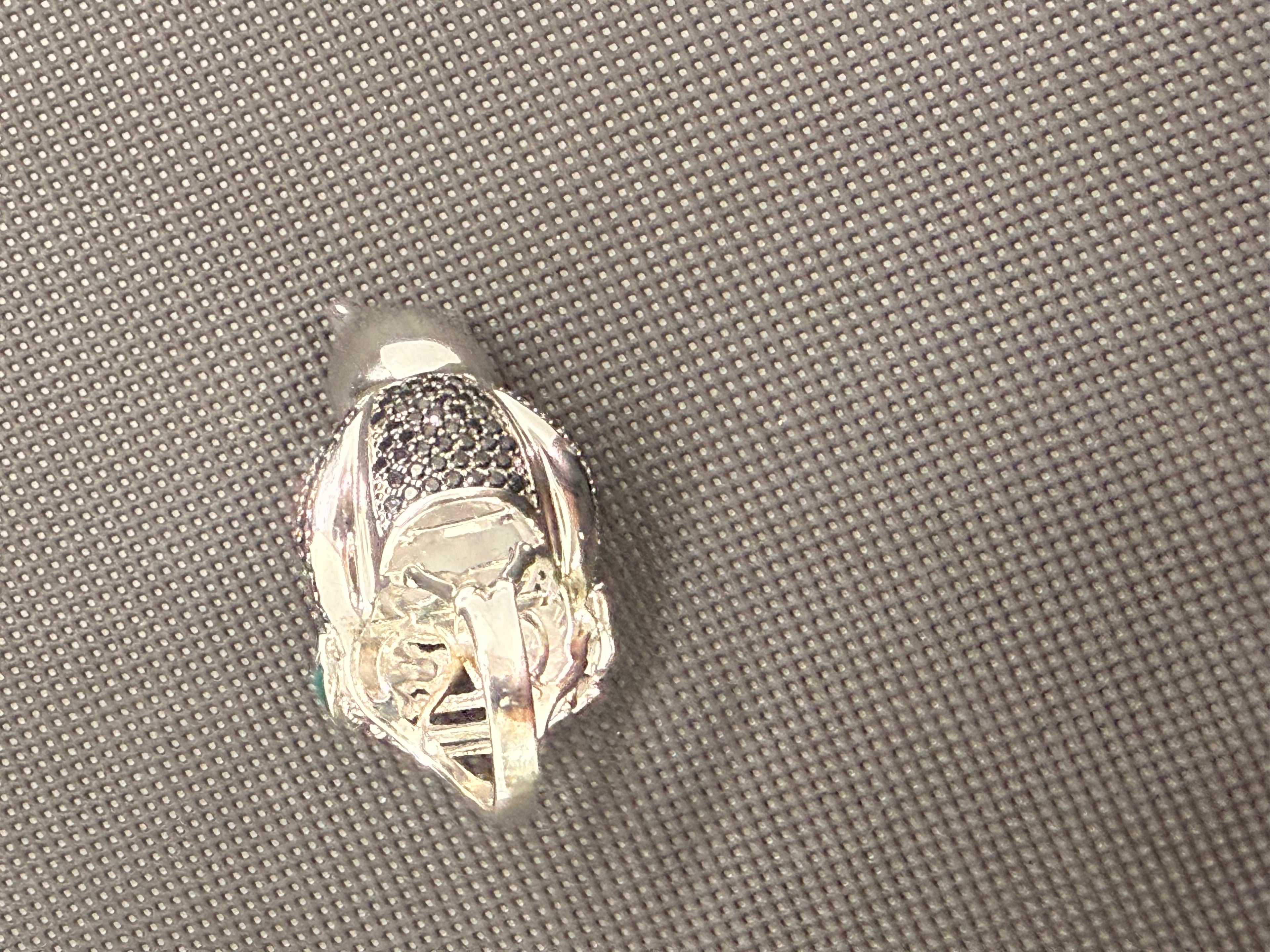 Jade of Yesteryear 925 Sterling Silver 3D Panda Ring — White Jade, Black Spinel Pavé, Size 7