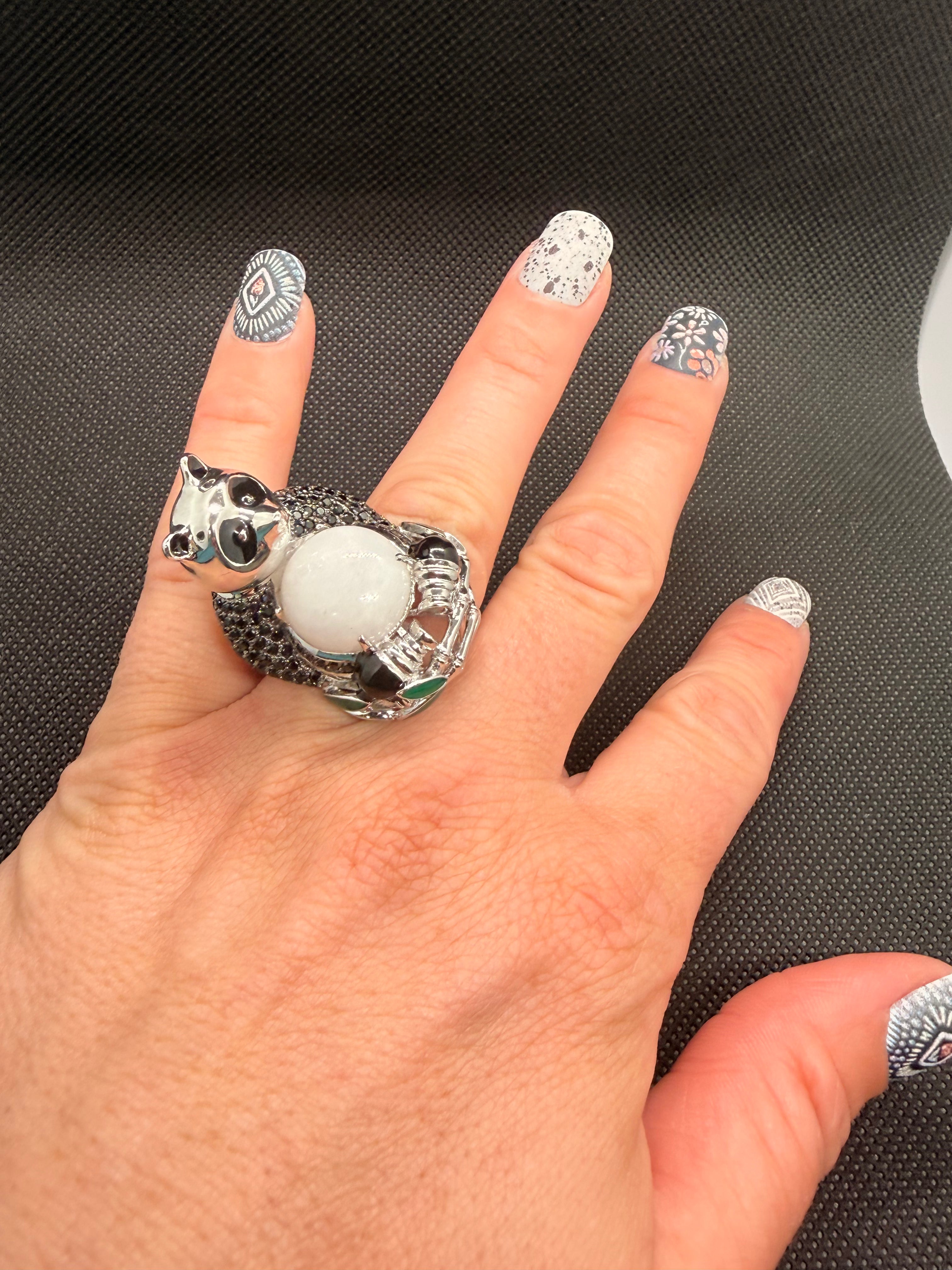 Jade of Yesteryear 925 Sterling Silver 3D Panda Ring — White Jade, Black Spinel Pavé, Size 7