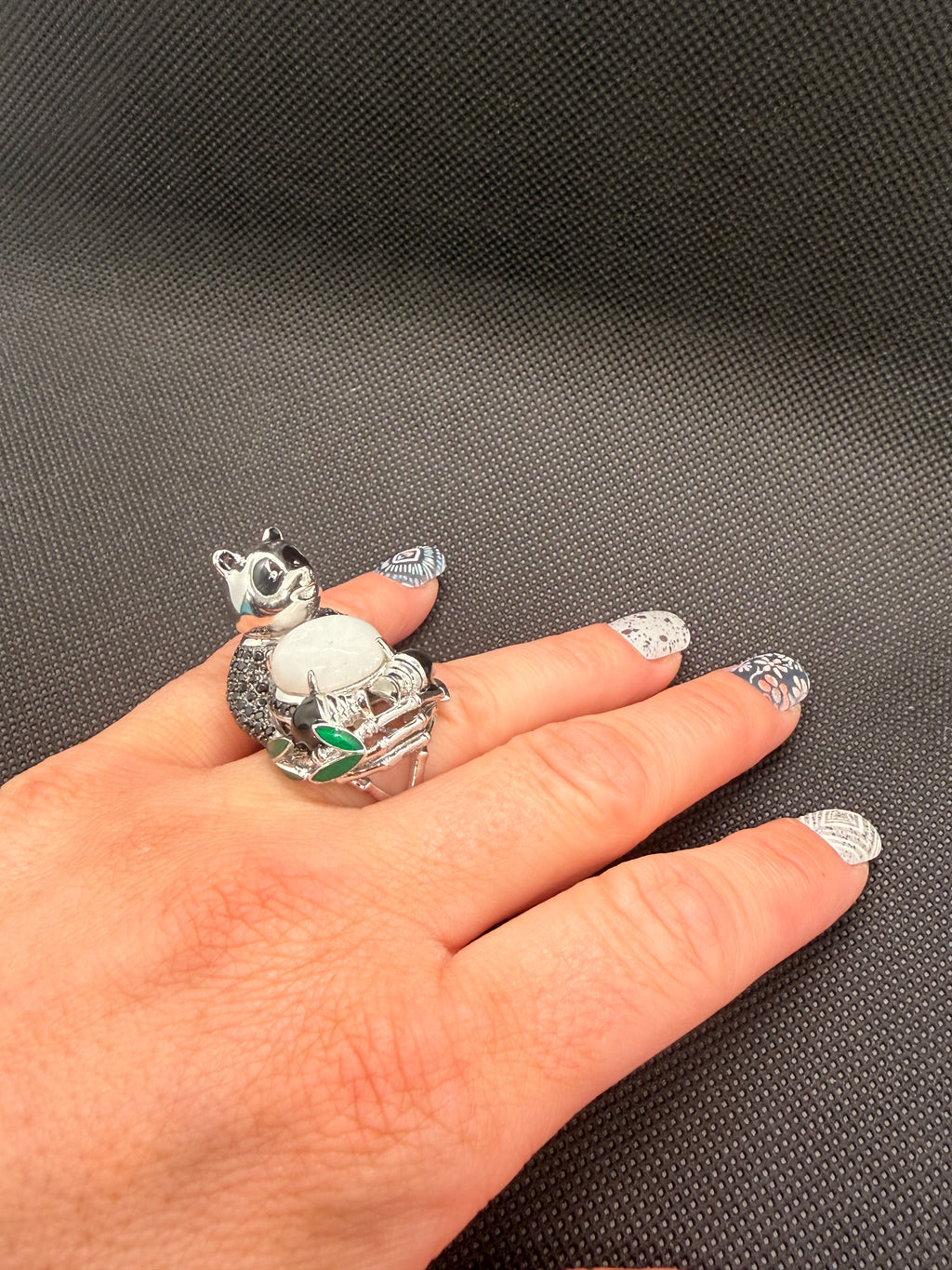 Jade of Yesteryear 925 Sterling Silver 3D Panda Ring — White Jade, Black Spinel Pavé, Size 7