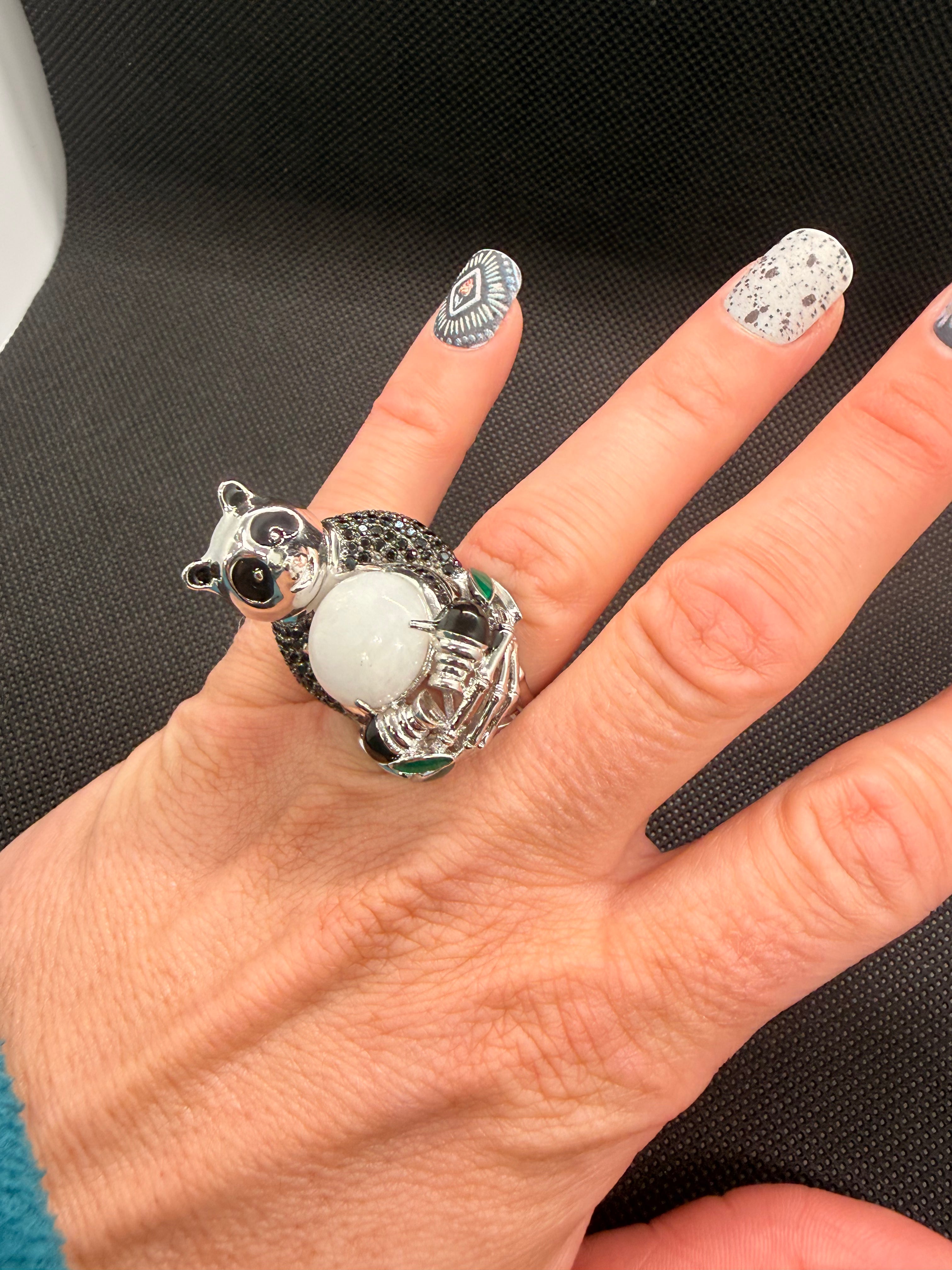 Jade of Yesteryear 925 Sterling Silver 3D Panda Ring — White Jade, Black Spinel Pavé, Size 7