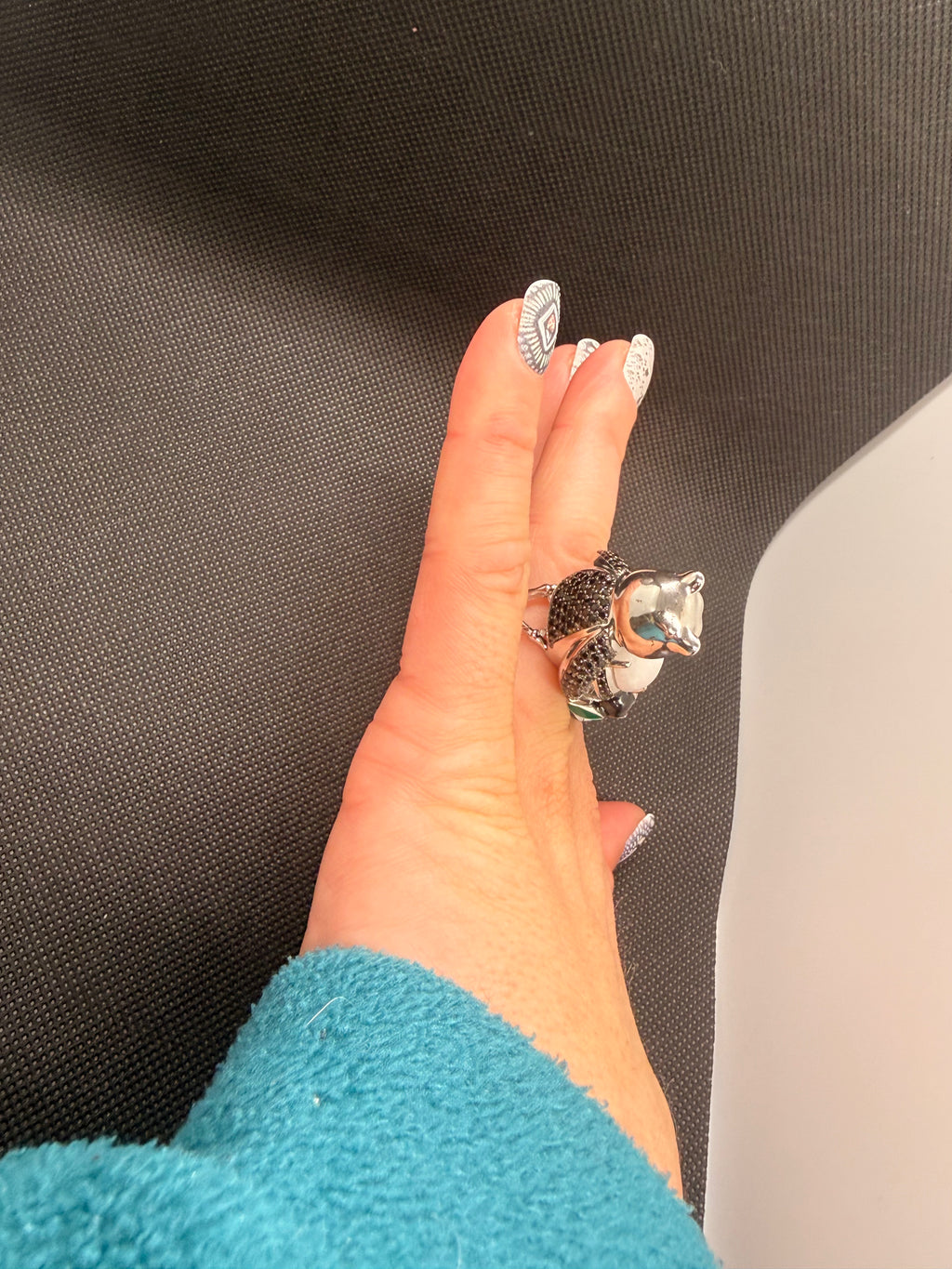 Jade of Yesteryear 925 Sterling Silver 3D Panda Ring — White Jade, Black Spinel Pavé, Size 7