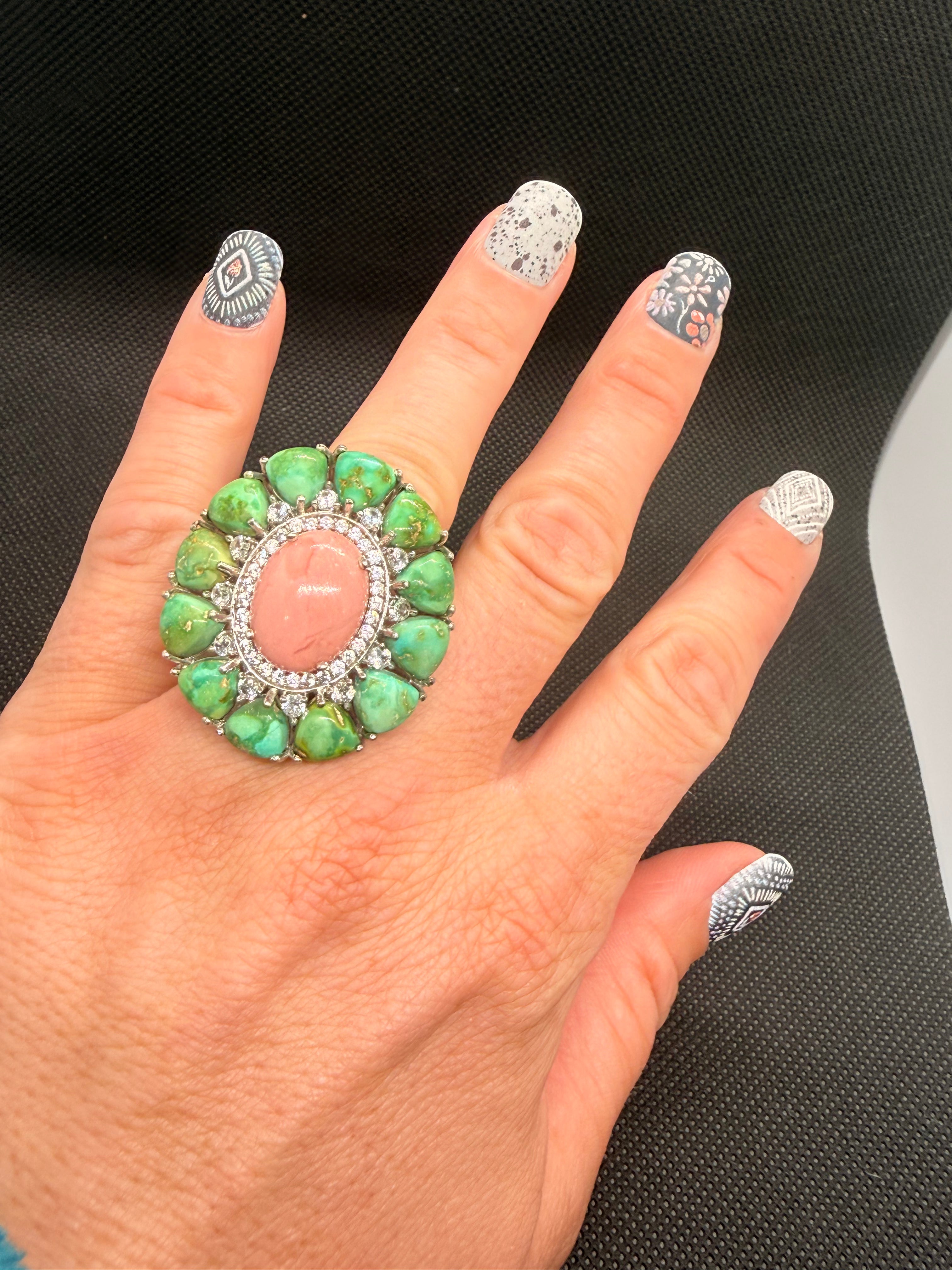 925 Sterling Silver Coral & Green Turquoise Cocktail Ring — Size 7 Statement Ring