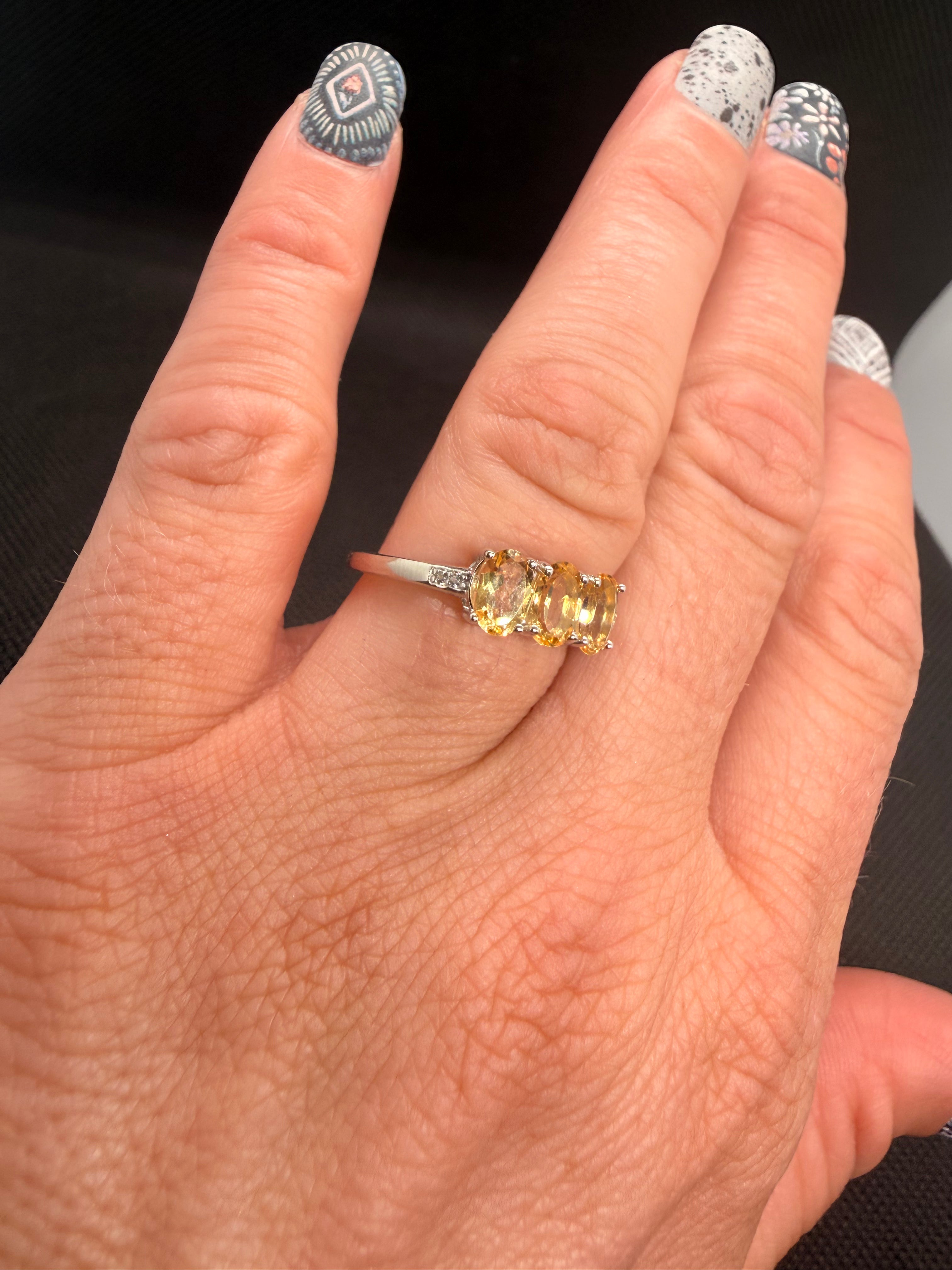 JTV 925 Rhodium Sterling Silver 3-Stone Oval Citrine Ring — 1.21 CTW Size 7