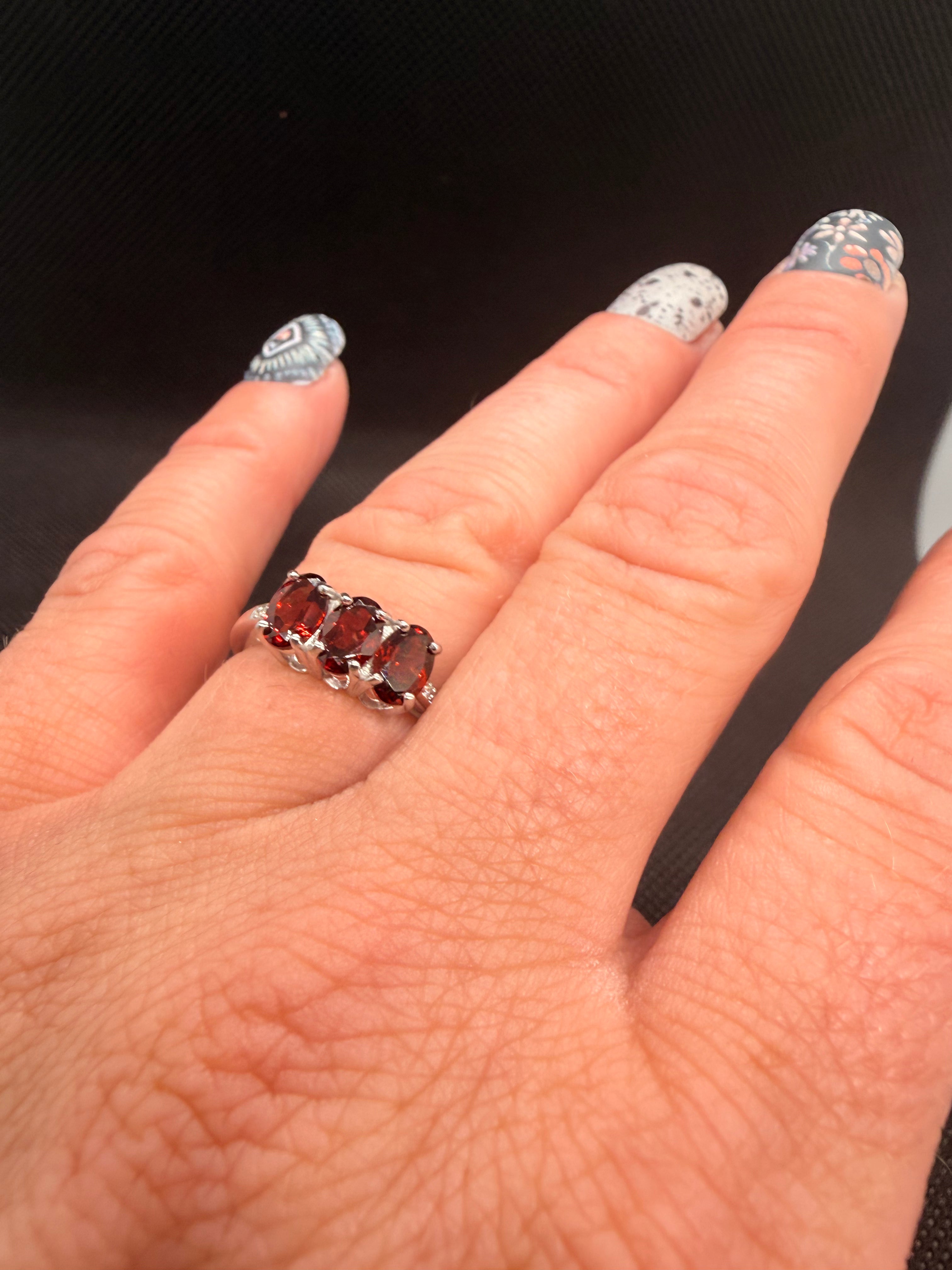 JTV 925 Rhodium Sterling Silver 3-Stone Oval Red Garnet Ring — 2.48 CTW Size 6