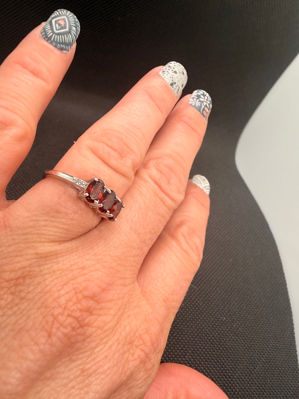 JTV 925 Rhodium Sterling Silver 3-Stone Oval Red Garnet Ring — 2.48 CTW Size 6