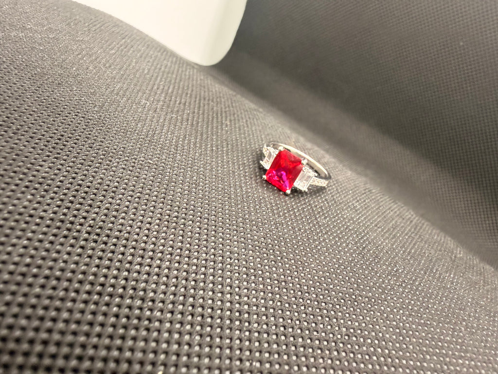 JTV 925 Rhodium Silver Lab Ruby 3-Stone Emerald Cut Ring 3.53 CTW Size 7