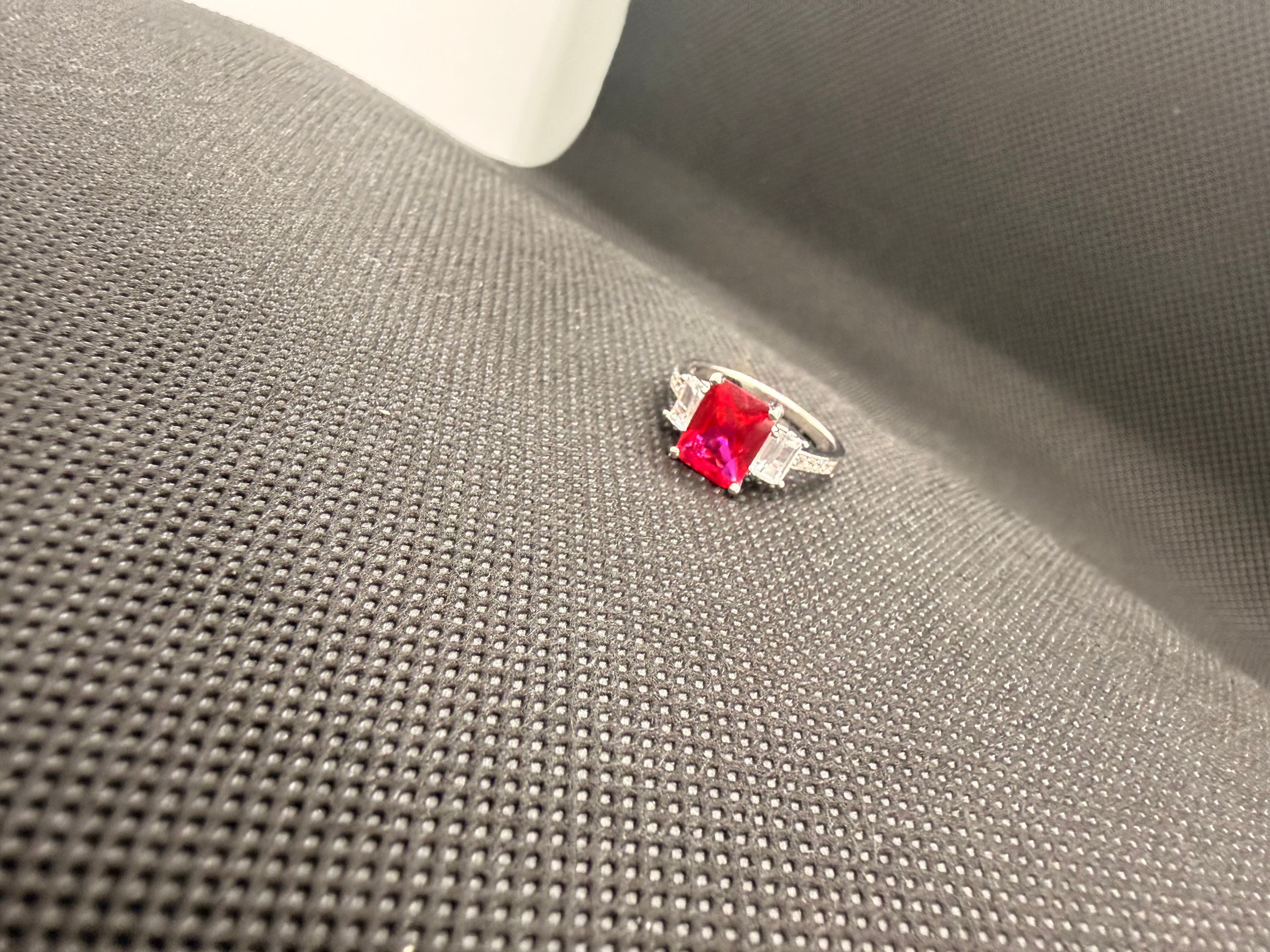 JTV 925 Rhodium Silver Lab Ruby 3-Stone Emerald Cut Ring 3.53 CTW Size 7